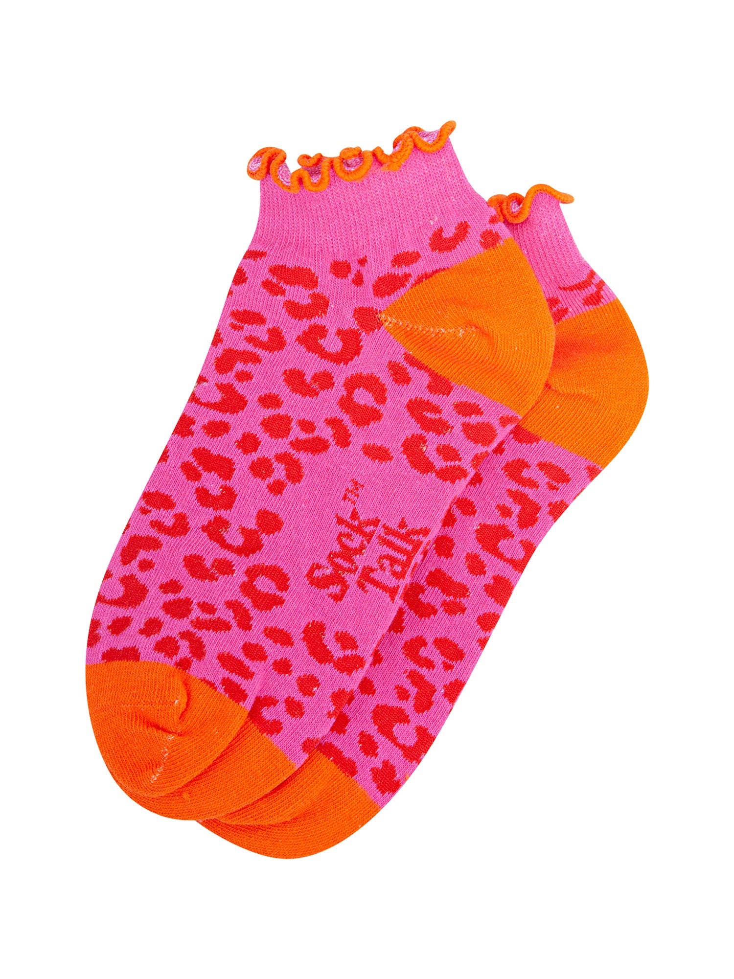 Leopard-Print-Frilled-Cuff-Combed-Cotton-Trainer-Socks-in-Pink-Lying-Flat