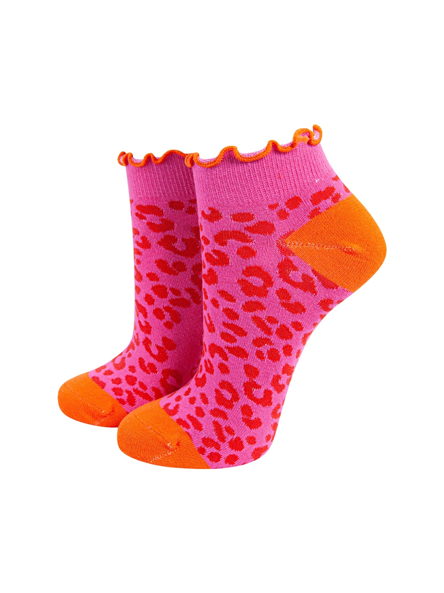 Leopard-Print-Frilled-Cuff-Combed-Cotton-Trainer-Socks-in-Pink-Mannequin
