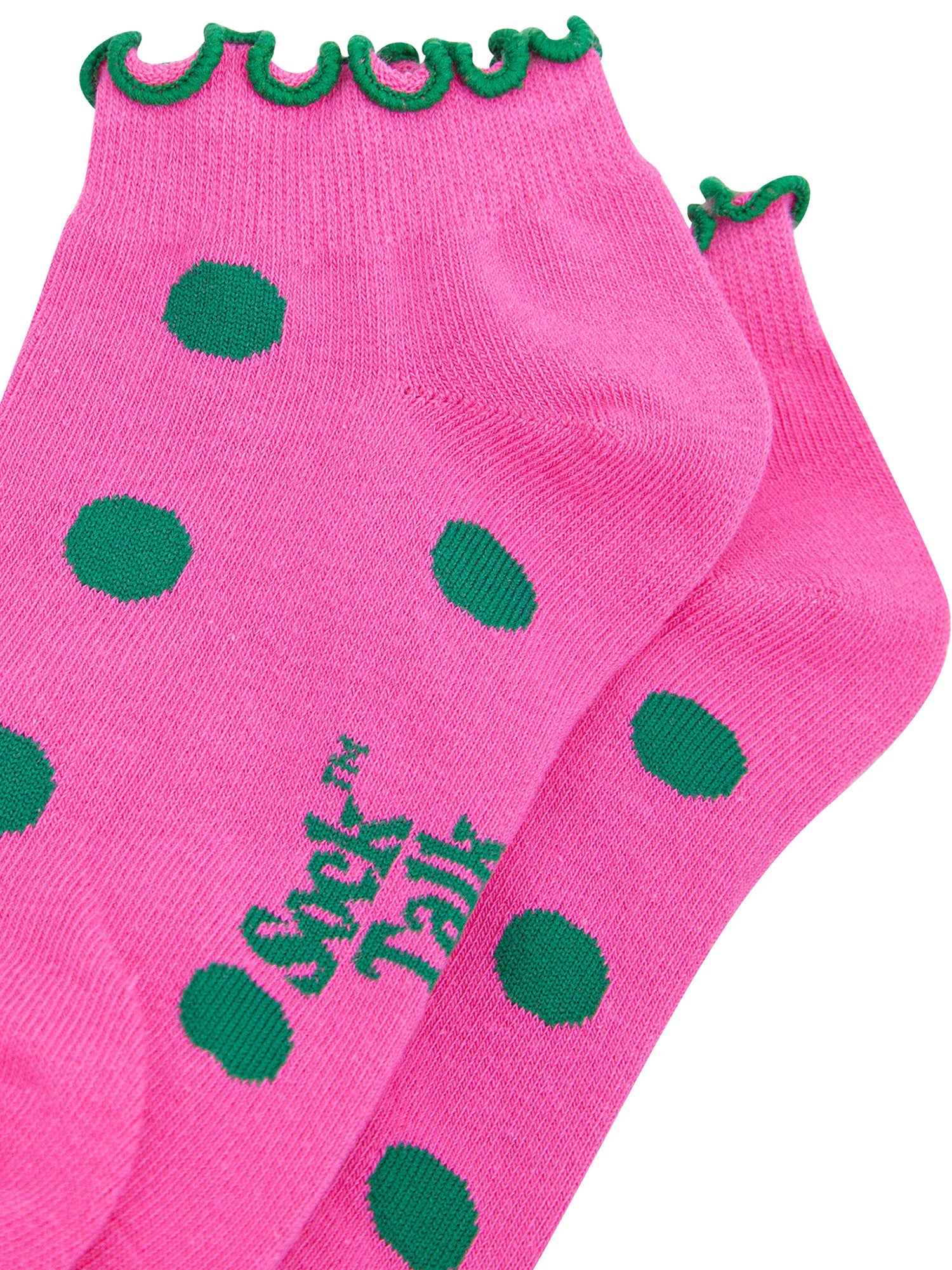 Spotted-Frilled-Cuff-Combed-Cotton-Trainer-Socks-in-Pink-Closeup