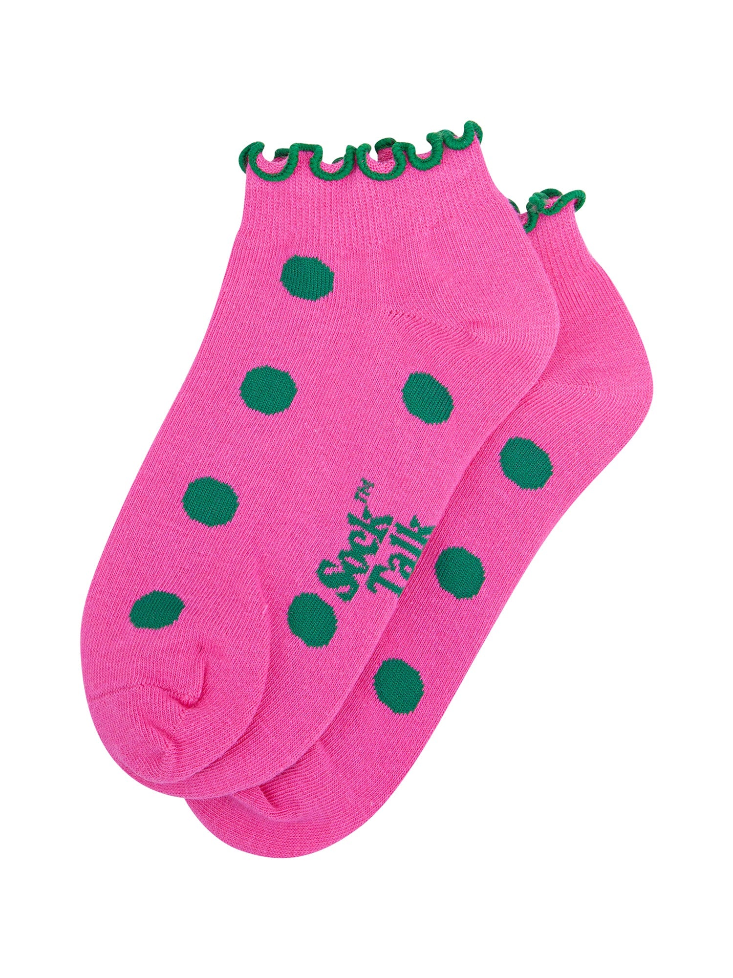 Spotted-Frilled-Cuff-Combed-Cotton-Trainer-Socks-in-Pink-Lying-Flat