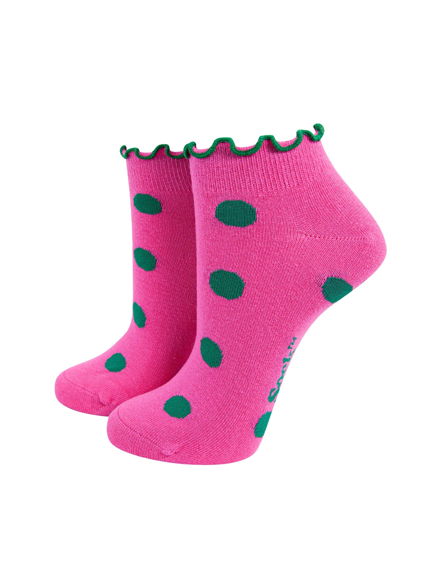 Spotted-Frilled-Cuff-Combed-Cotton-Trainer-Socks-in-Pink-Mannequin