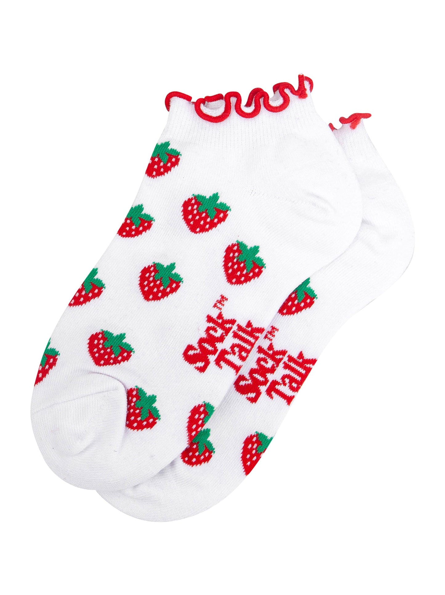 Strawberry-Frilled-Cuff-Combed-Cotton-Trainer-Socks-in-White-Lying-Flat