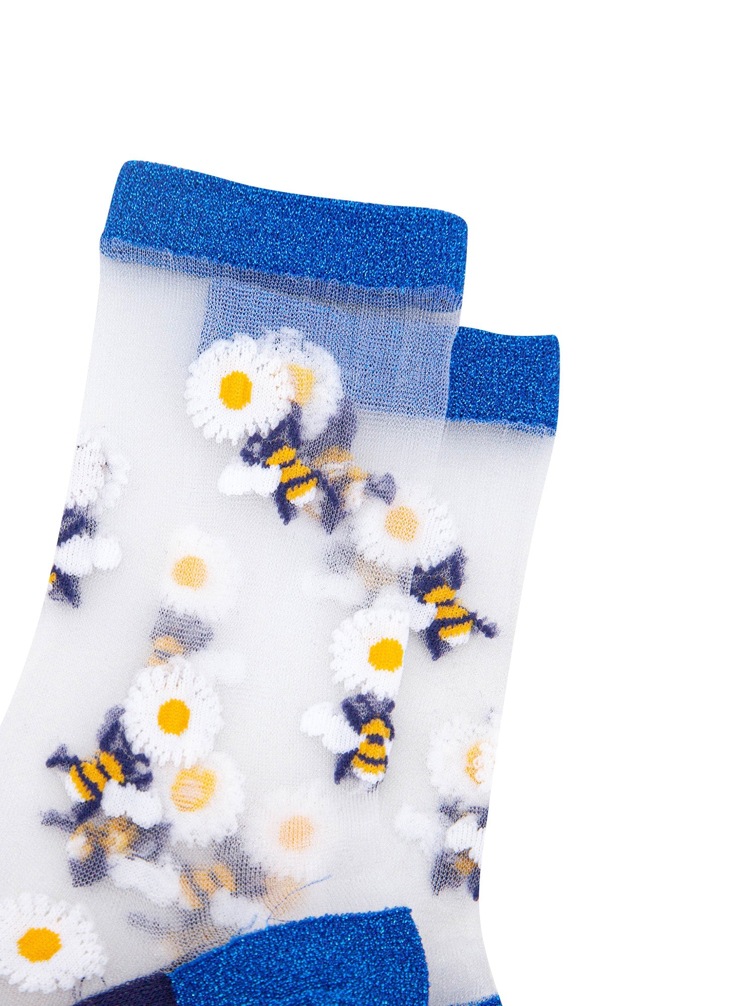 Bees-Flowers-Combed-Cotton-Sheer-Pop-Socks-in-Blue-Closeup