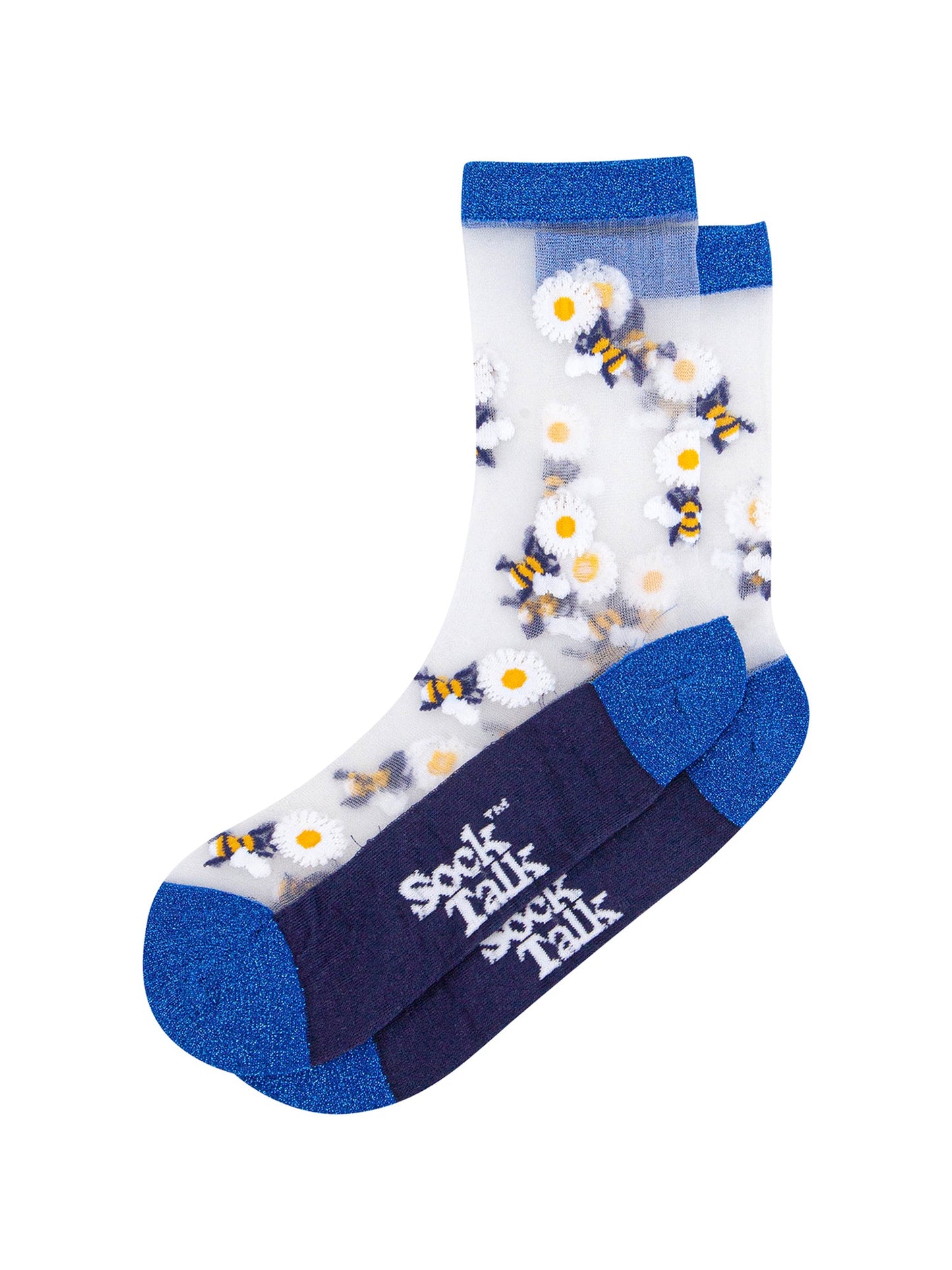 Bees-Flowers-Combed-Cotton-Sheer-Pop-Socks-in-Blue-Lying-Flat