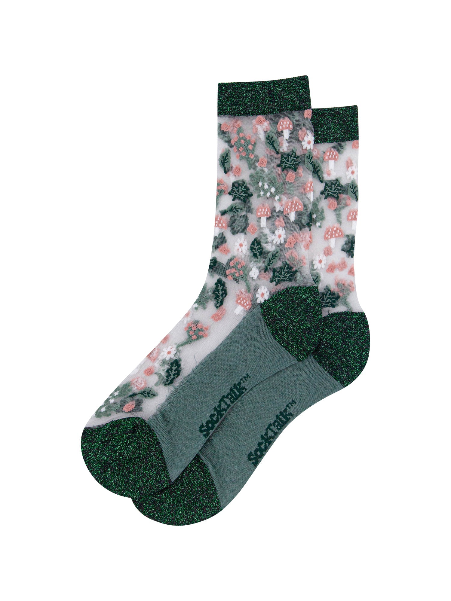 Floral-Sheer-Socks-in-Forest-Green-Laid-Flat