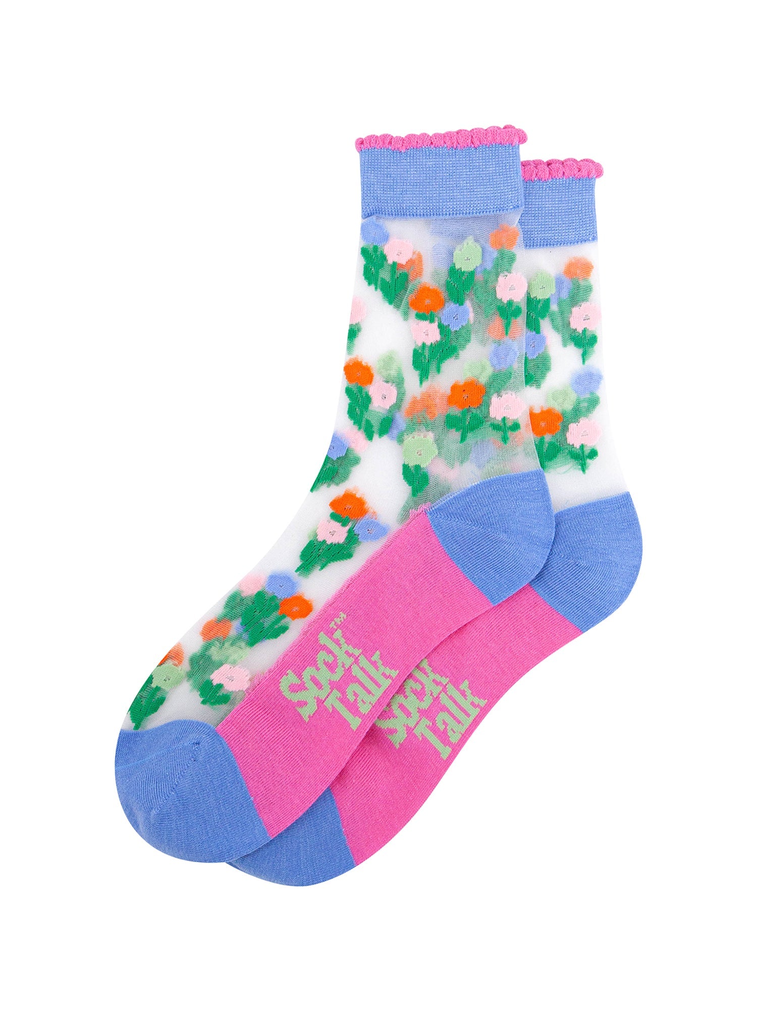 Floral-Posy-Combed-Cotton-Sheer-Pop-Socks-in-Blue-Lying-Flat