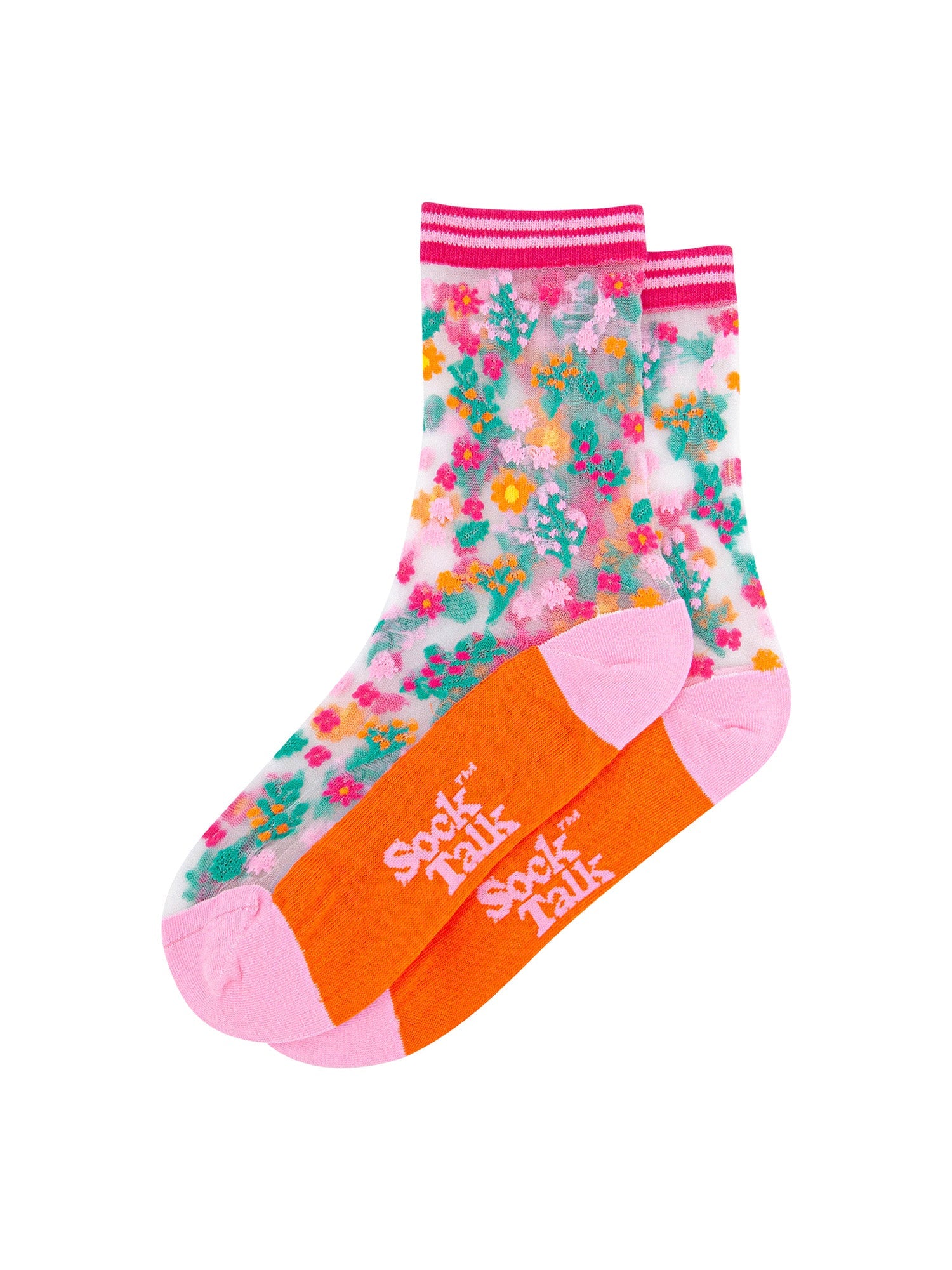 Ditsy-Floral-Combed-Cotton-Sheer-Pop-Socks-in-Orange-Lying-Flat