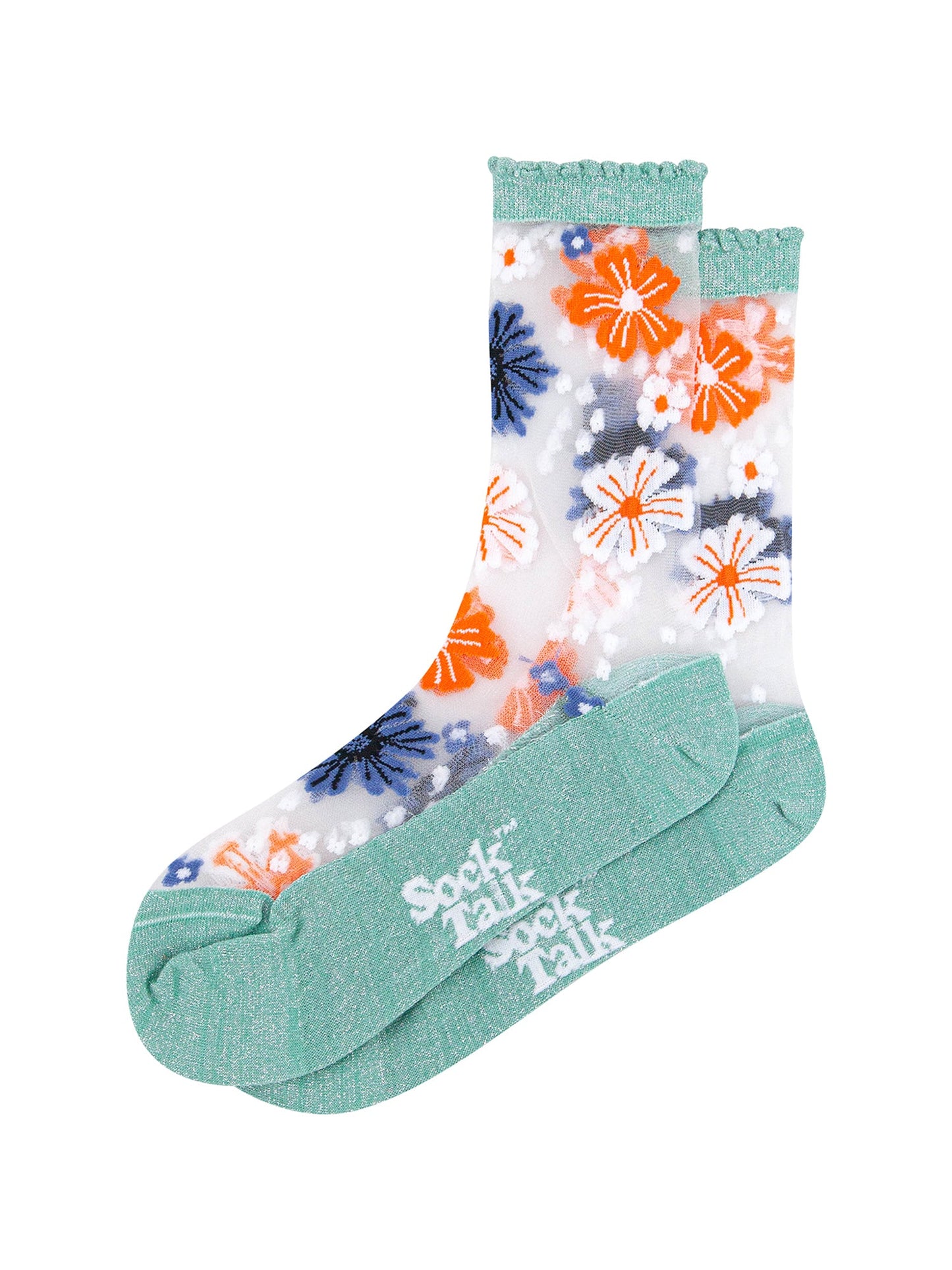 Bold-Floral-Combed-Cotton-Sheer-Pop-Socks-in-Sage-Green-Lying-Flat