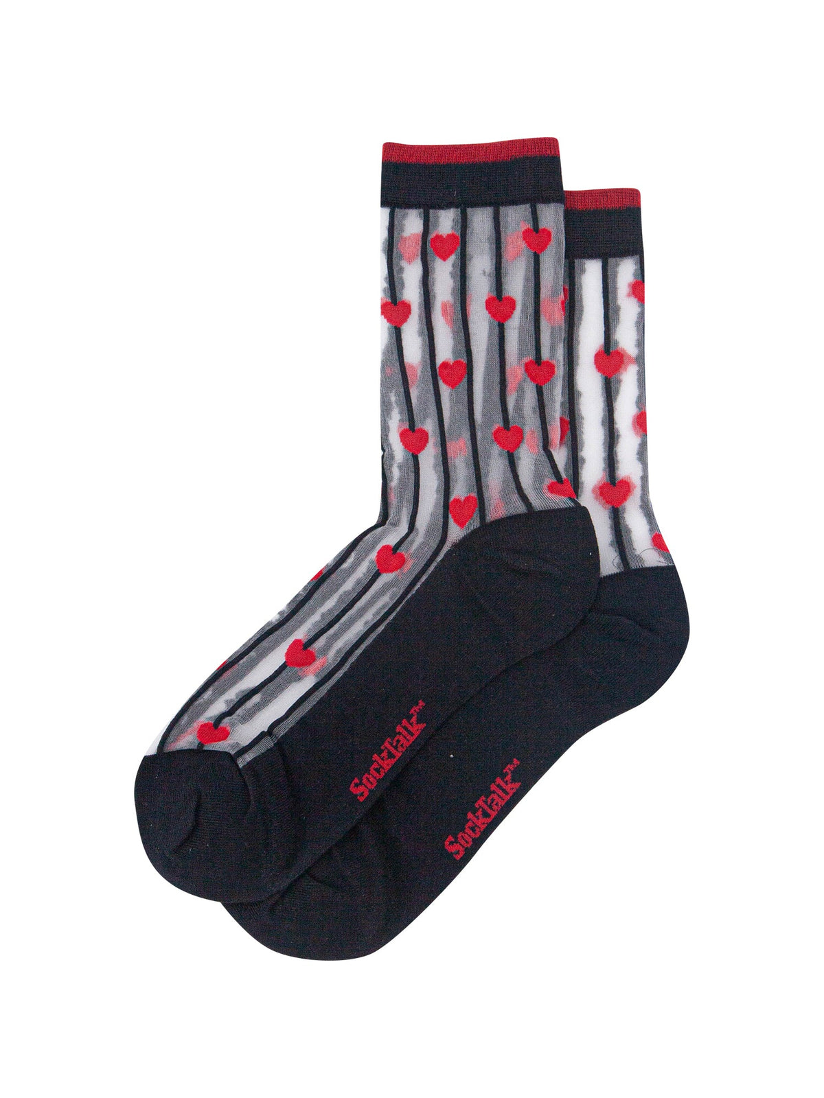 Stripe-&-Heart-Sheer-Socks-in-Black/Red-Laid-Flat
