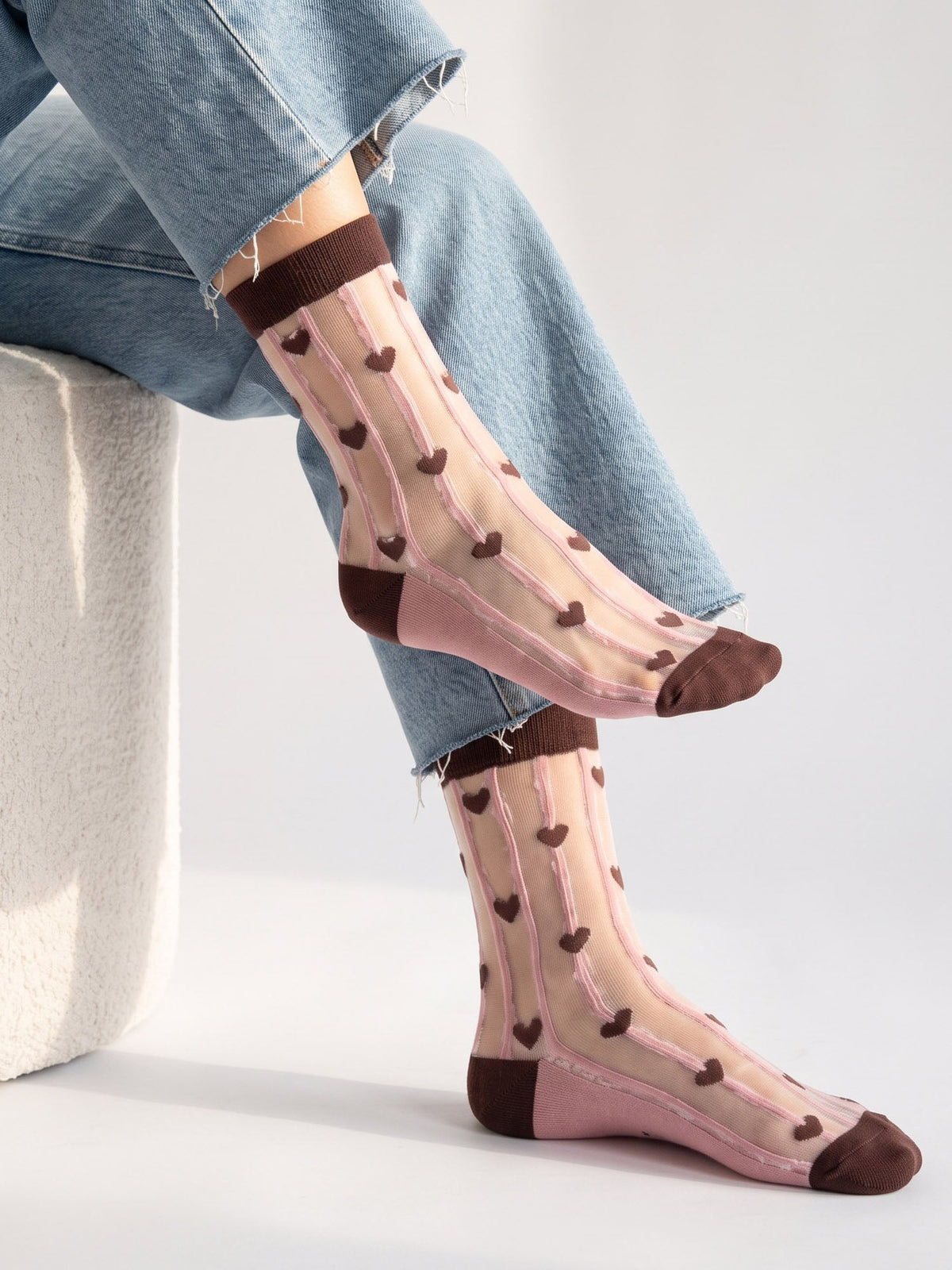 Stripe-&-Heart-Sheer-Socks-in-Brown/Soft-Pink