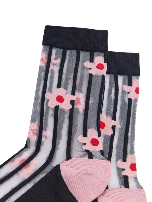 Stripe-&-Daisy-Sheer-Socks-in-Black/Pink-Close-Up