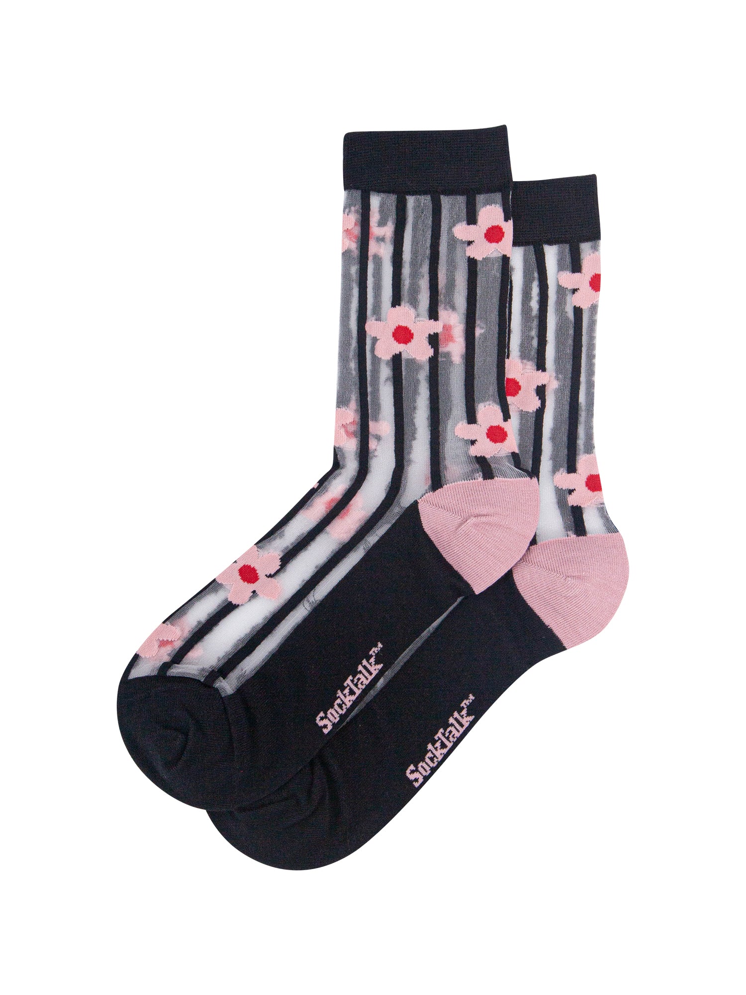 Stripe-&-Daisy-Sheer-Socks-in-Black/Pink-Laid-Flat