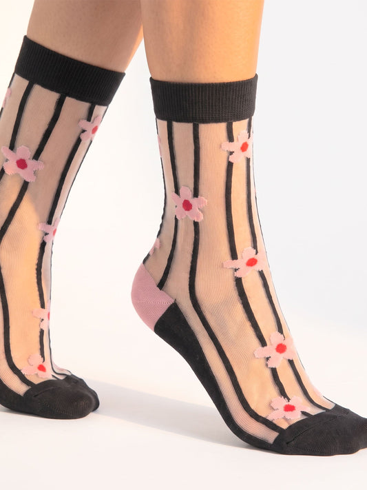 Stripe-&-Daisy-Sheer-Socks-in-Black/Pink