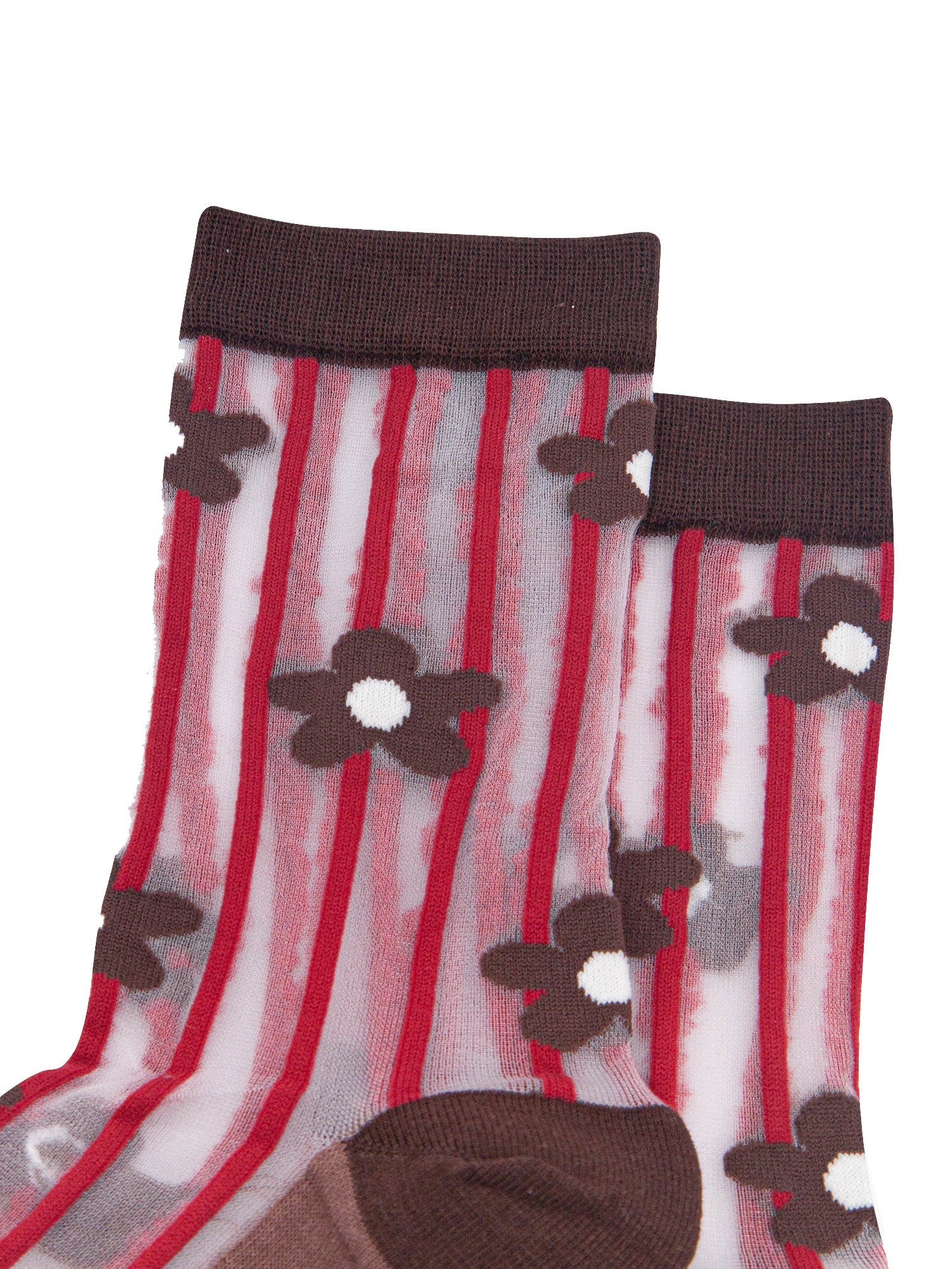 Stripe-&-Daisy-Sheer-Socks-in-Brown/Red-Laid-Flat