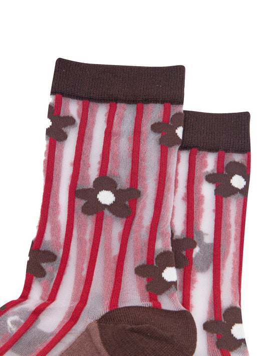 Stripe-&-Daisy-Sheer-Socks-in-Brown/Red-Laid-Flat