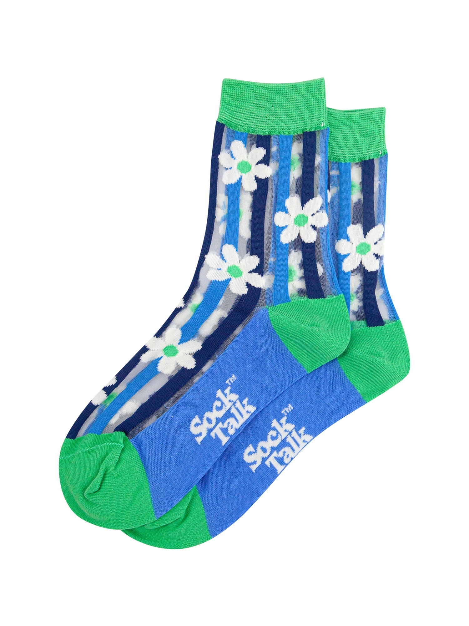 Daisy-Stripes-Combed-Cotton-Sheer-Pop-Socks-in-Green-Lying-Flat