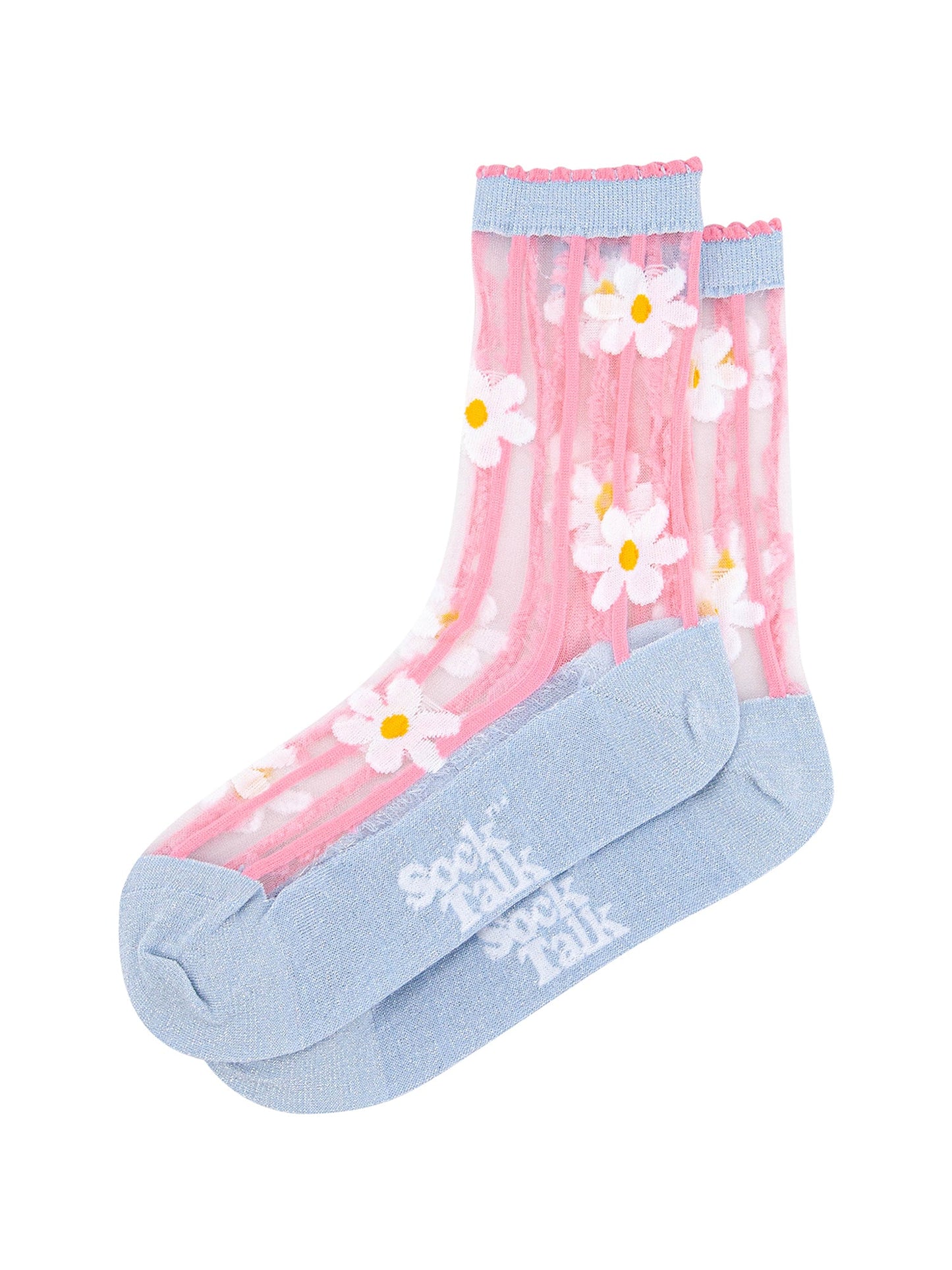 Daisy-Stripes-Combed-Cotton-Sheer-Pop-Socks-in-Blue/Pink-Lying-Flat