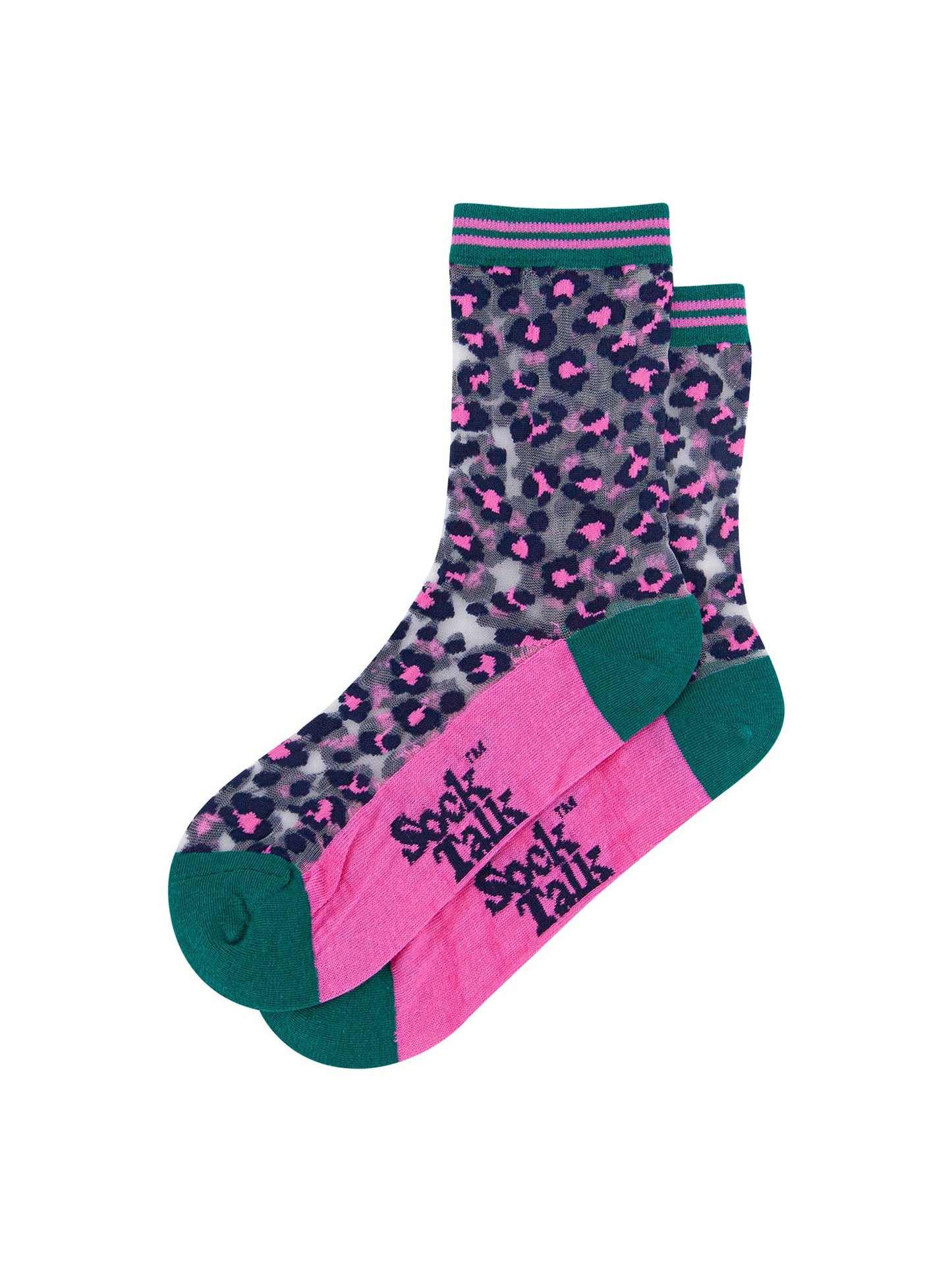 Leopard-Print-Combed-Cotton-Sheer-Pop-Socks-in-Green/Pink-Lying-Flat