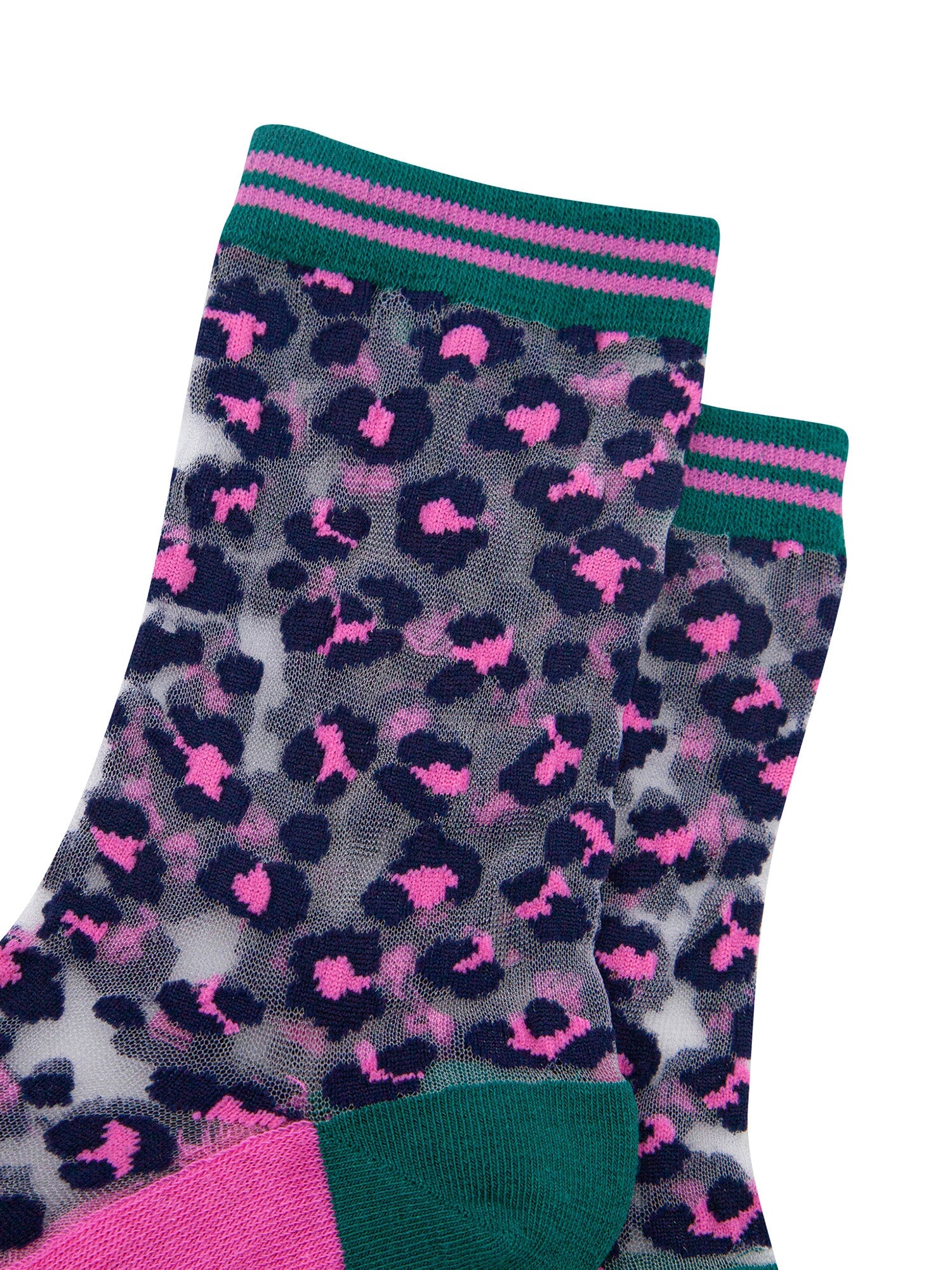 Leopard-Print-Combed-Cotton-Sheer-Pop-Socks-in-Green/Pink-Closeup
