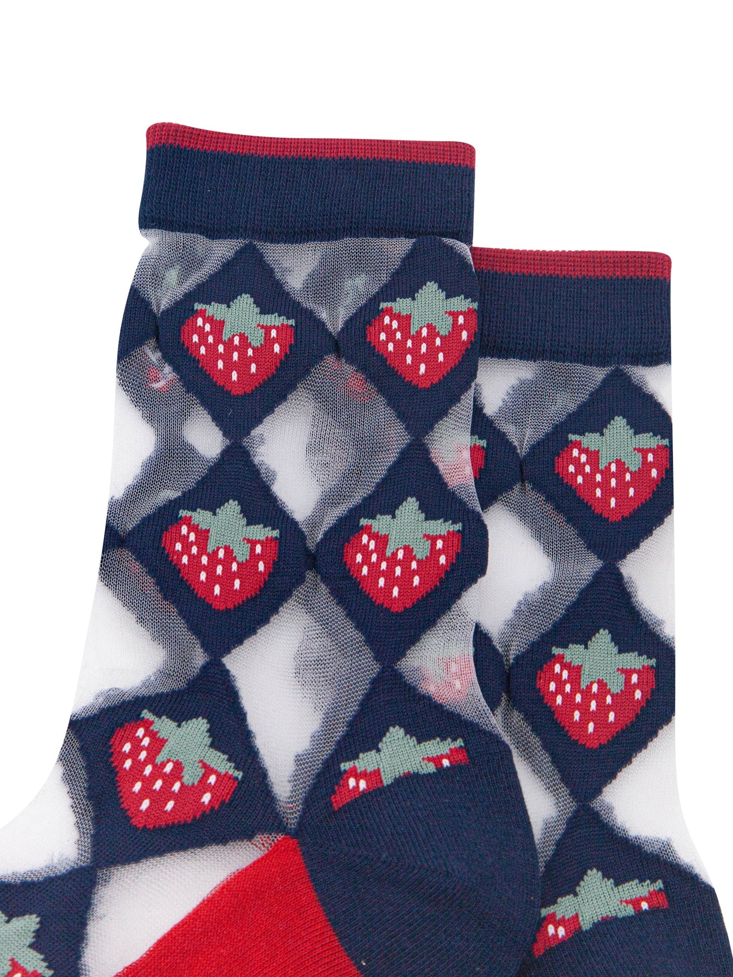 Strawberry-Diamond-Sheer-Socks-in-Navy-Blue/Red-Close-Up
