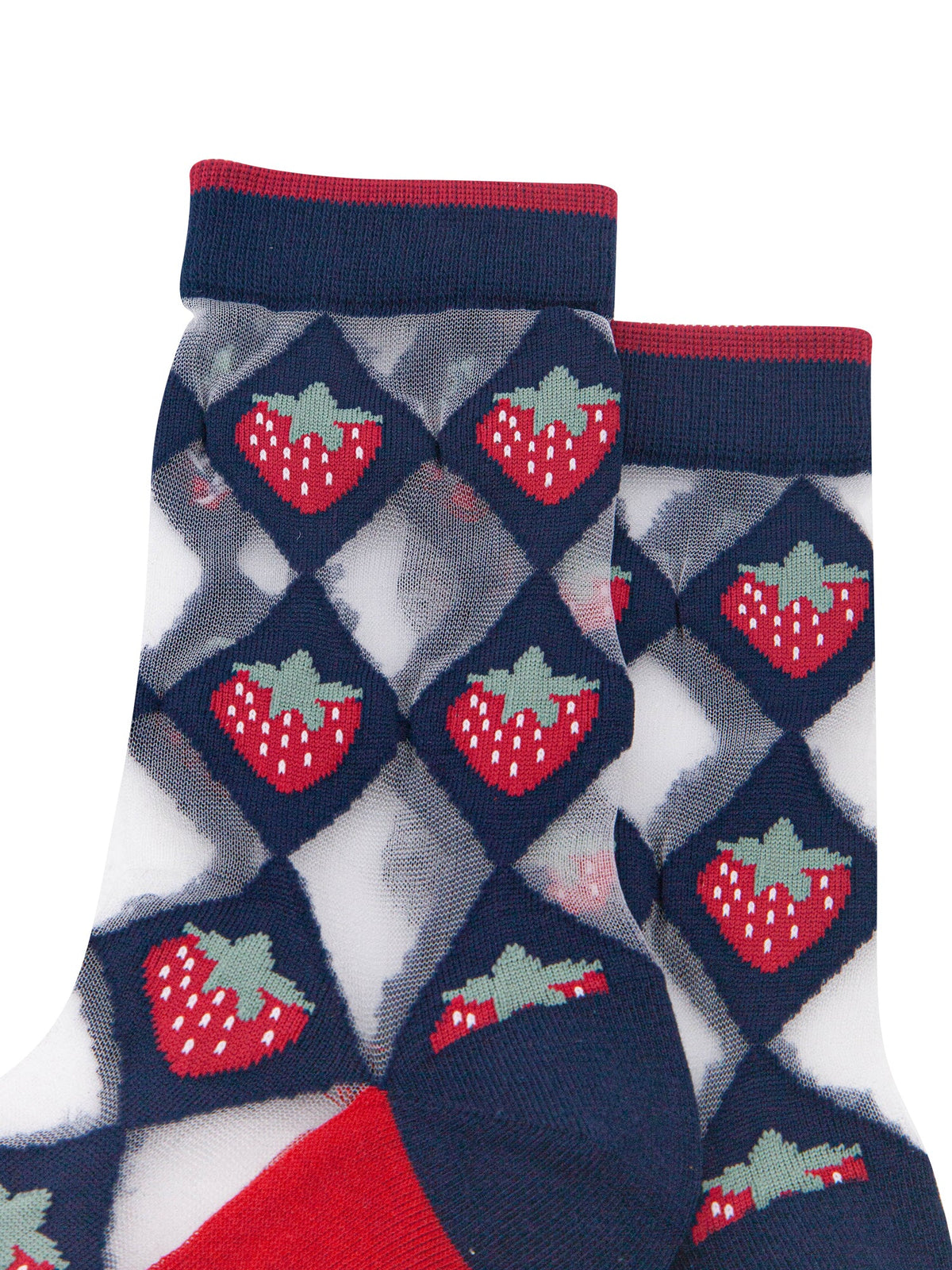 Strawberry-Diamond-Sheer-Socks-in-Navy-Blue/Red-Close-Up