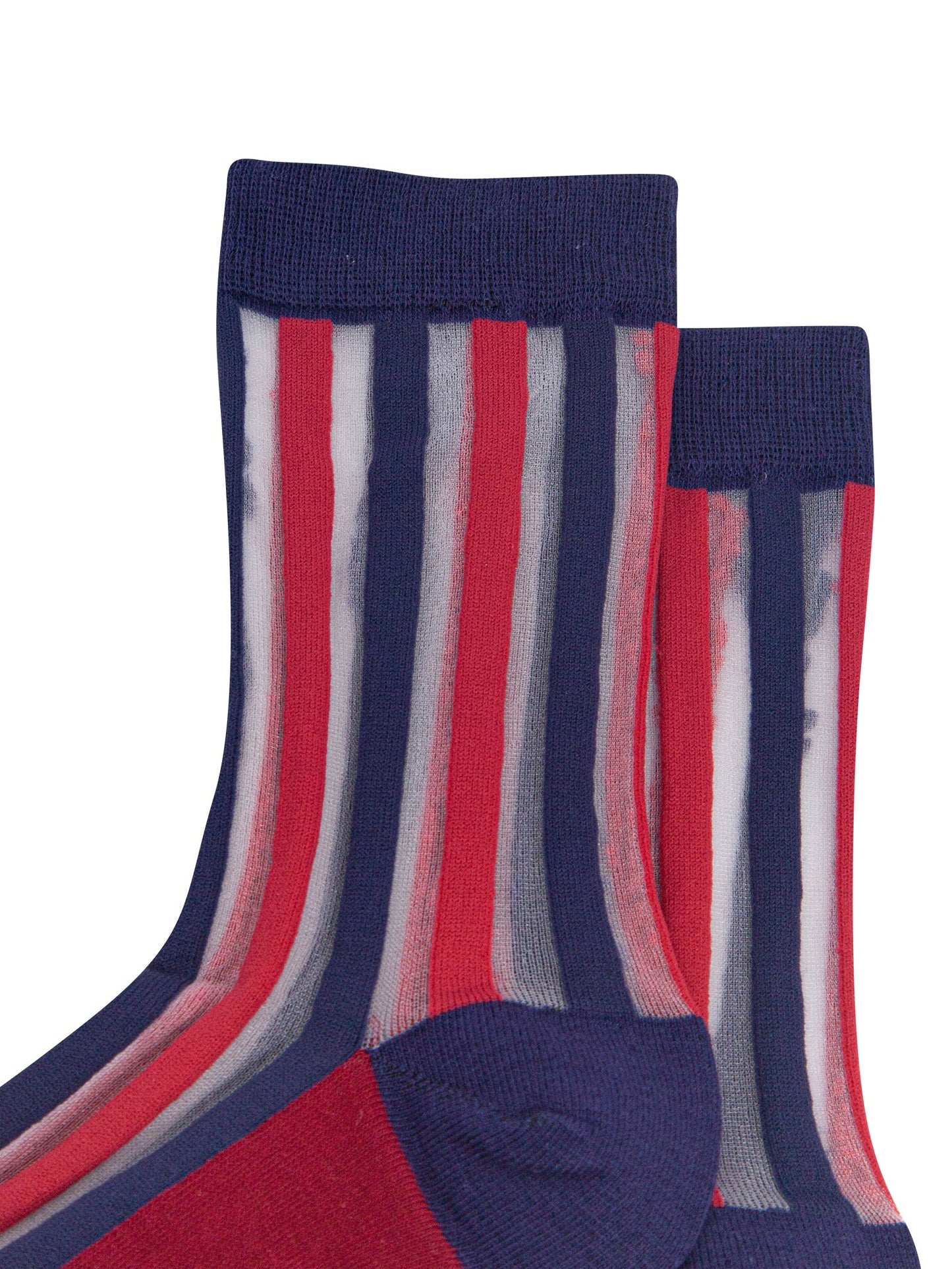 Stripe-Sheer-Socks-in-Navy-Blue/Red-Close-Up