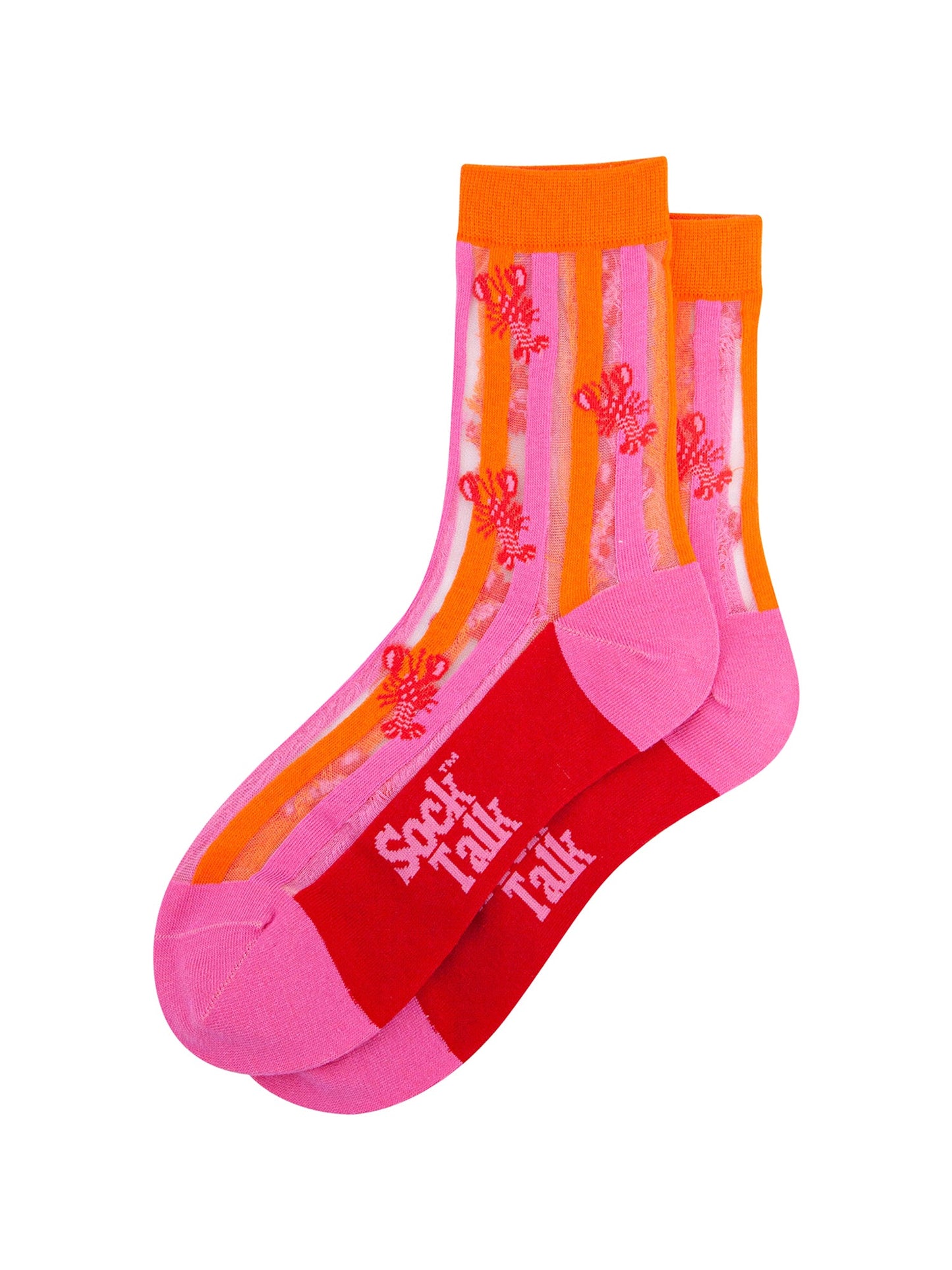 Lobster-Stripes-Combed-Cotton-Sheer-Pop-Socks-in-Pink-Red-Lying-Flat