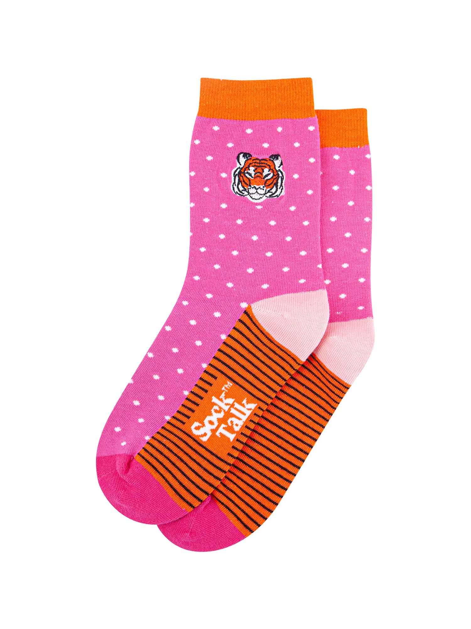 Embroidered-Tiger-Face-Combed-Cotton-Socks-in-Pink-Lying-Flat