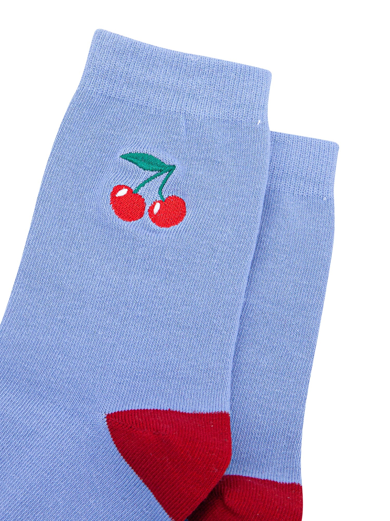Embroidered-Cherries-Combed-Cotton-Socks-in-Blue-Closeup