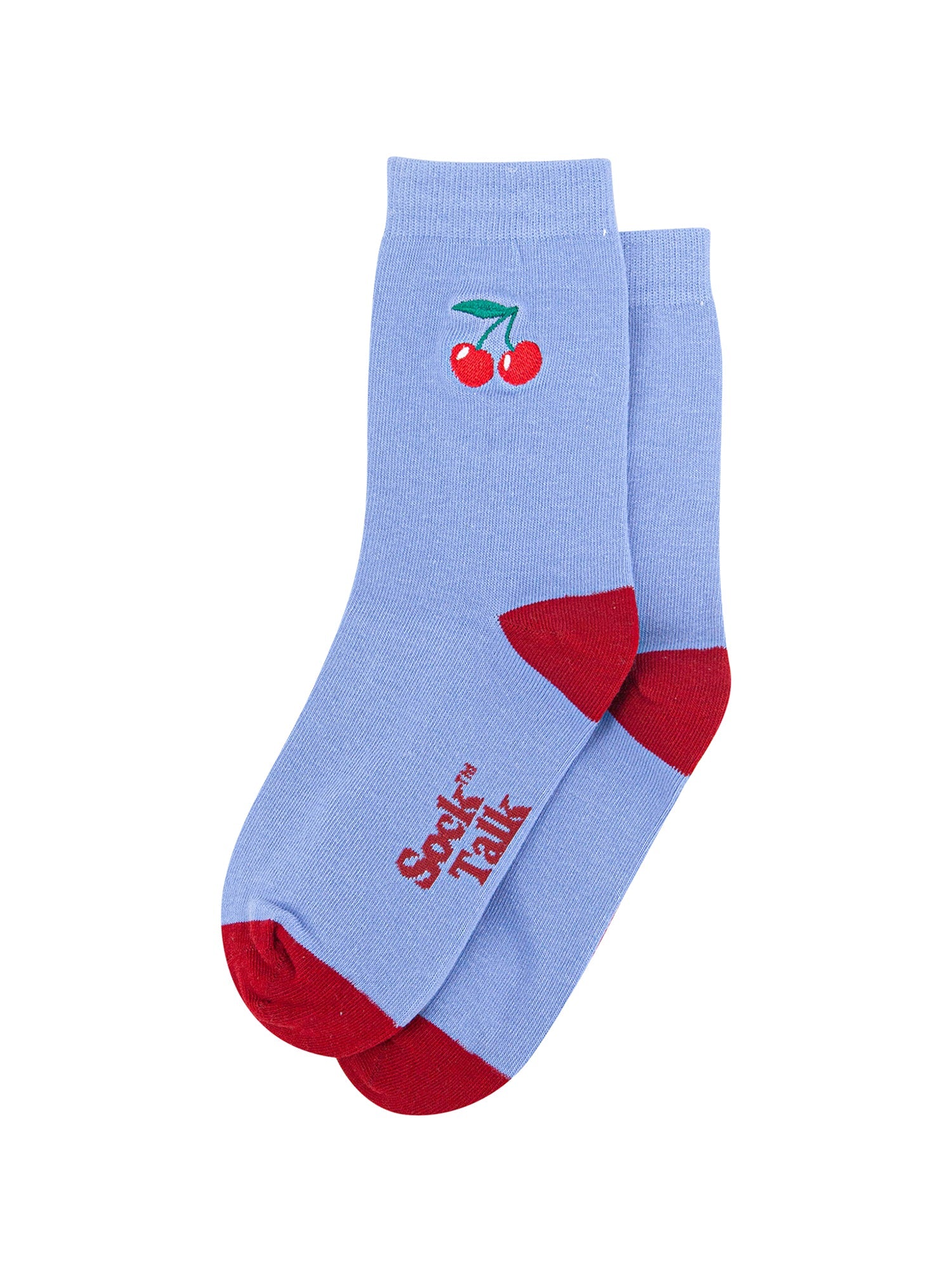 Embroidered-Cherries-Combed-Cotton-Socks-in-Blue-Lying-Flat