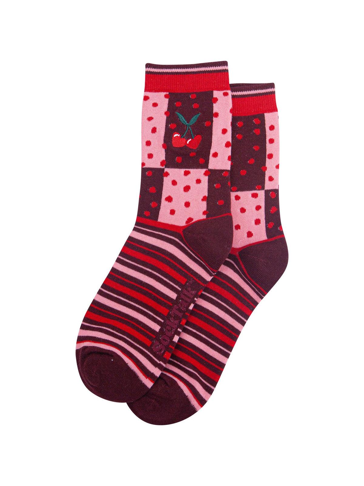 Heart-Cherry-Combed-Cotton-Pattern-Embroidered-Socks-in-Pink/Burgundy-Laid-Flat