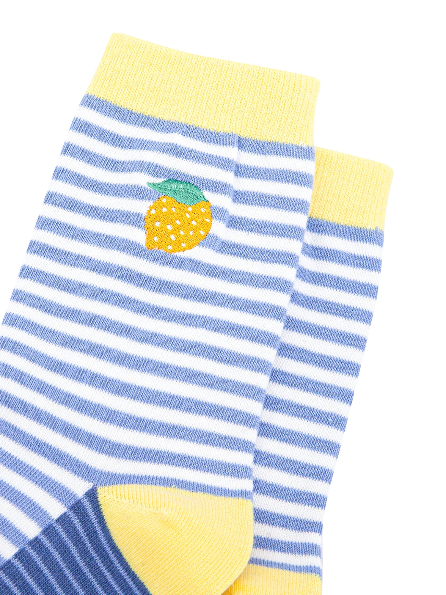 Embroidered-Lemon-Striped-Combed-Cotton-Socks-in-Blue-Closeup