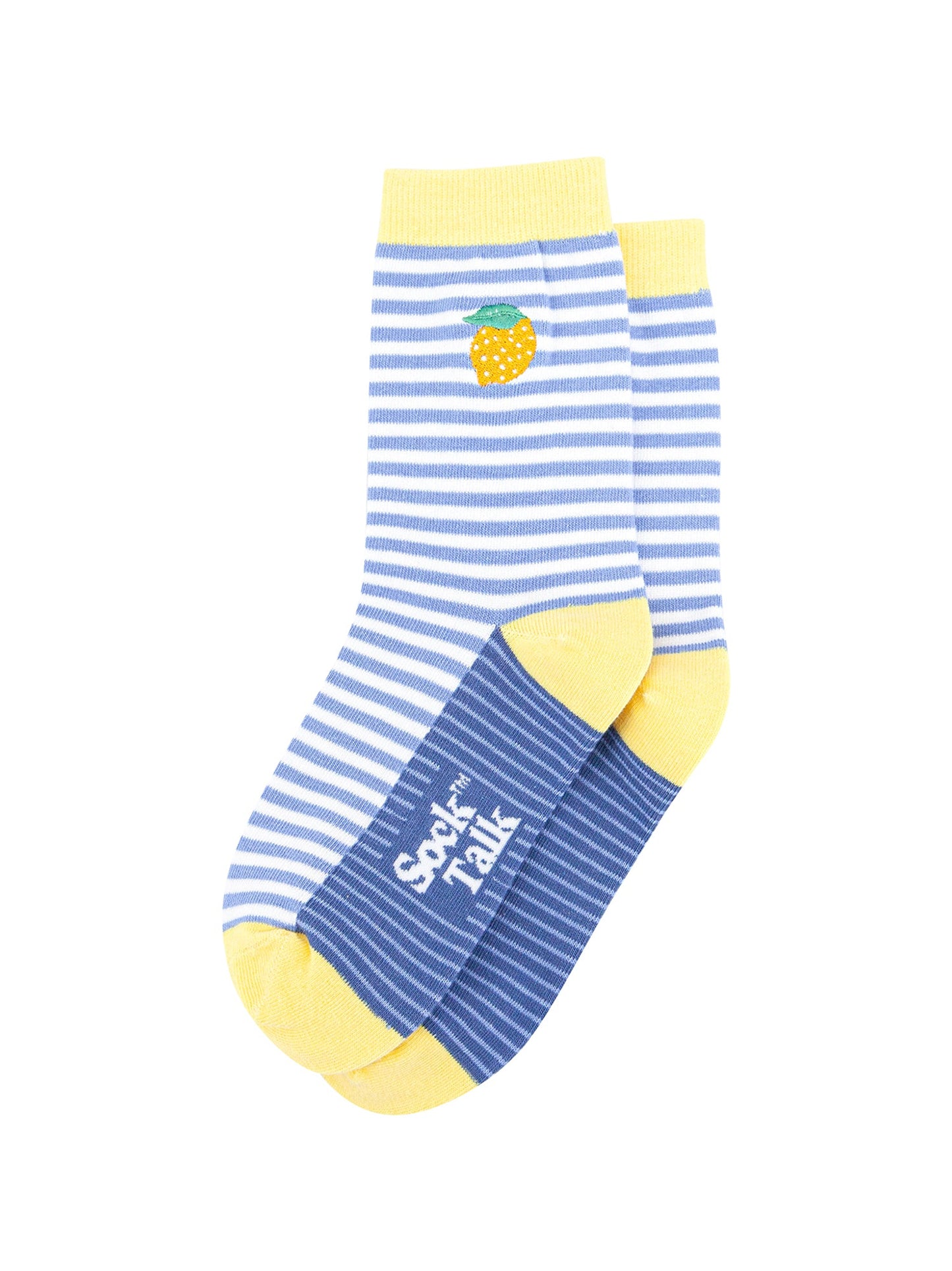 Embroidered-Lemon-Striped-Combed-Cotton-Socks-in-Blue-Lying-Flat