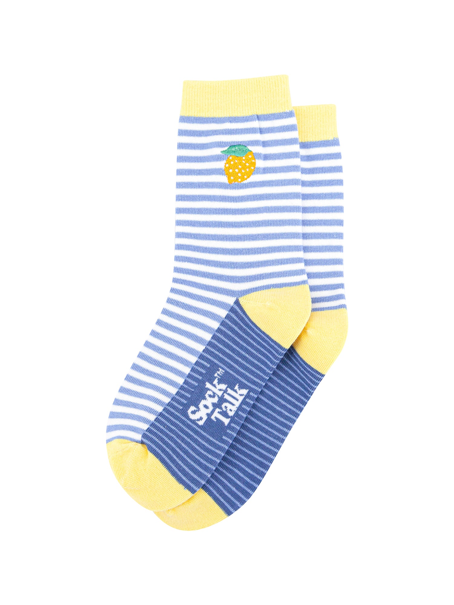 Embroidered-Lemon-Striped-Combed-Cotton-Socks-in-Blue-Lying-Flat