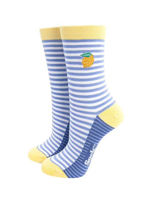 Embroidered-Lemon-Striped-Combed-Cotton-Socks-in-Blue-Mannequin