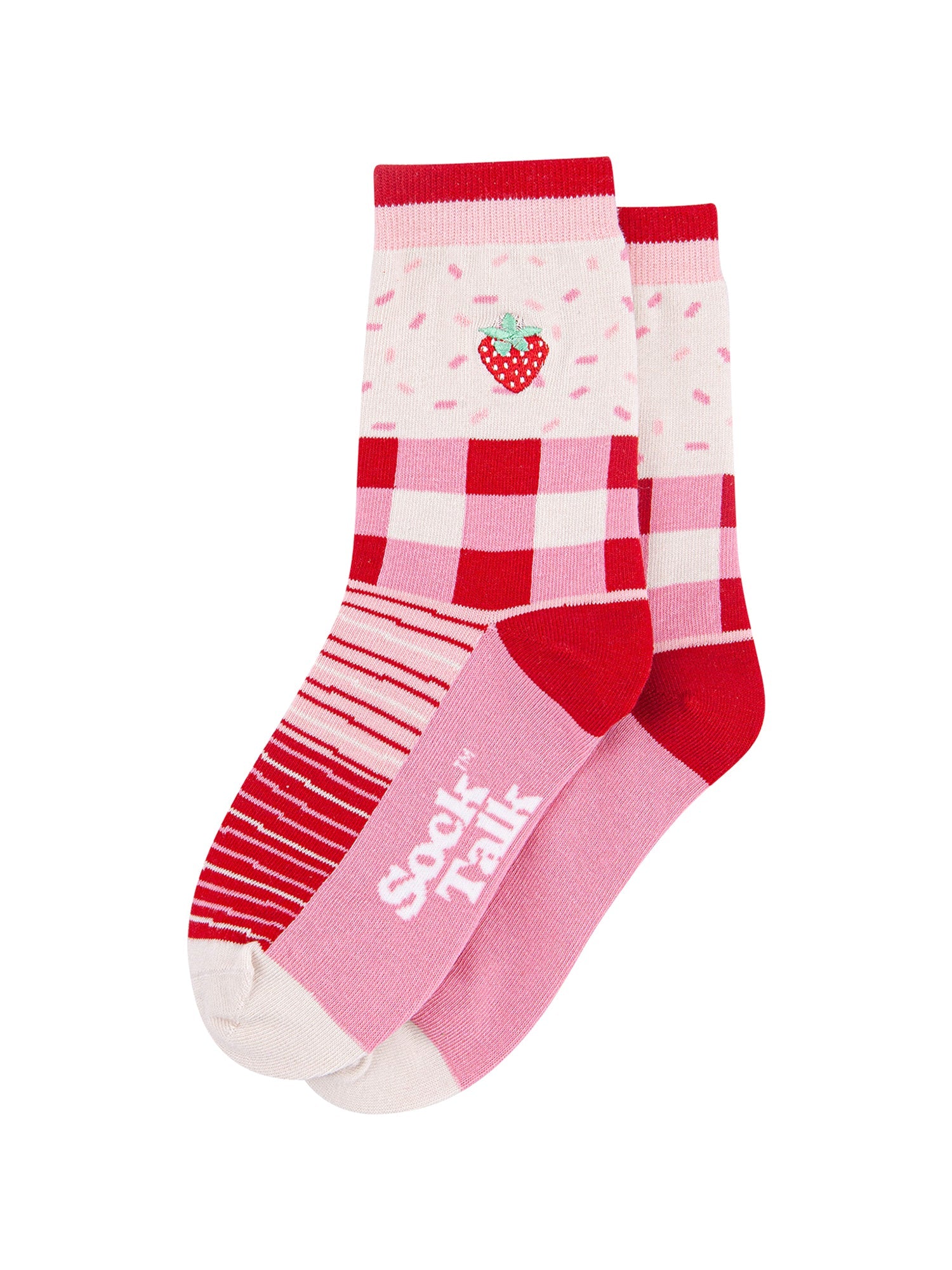 Embroidered-Strawberry-Combed-Cotton-Socks-in-Pink-lying-flat