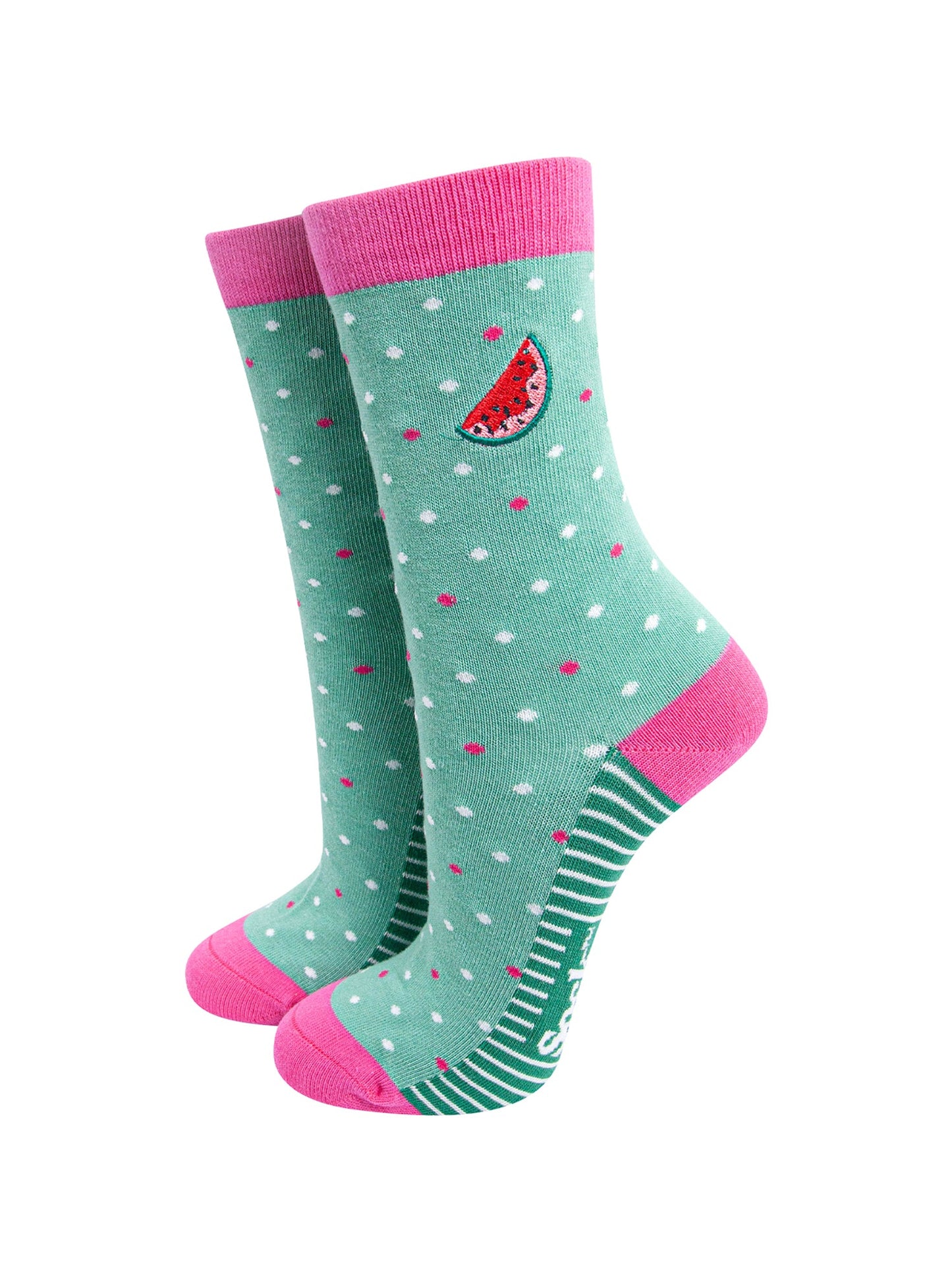 Embroidered-Watermelon-Combed-Cotton-Socks-in-Mint/Pink-Mannequin