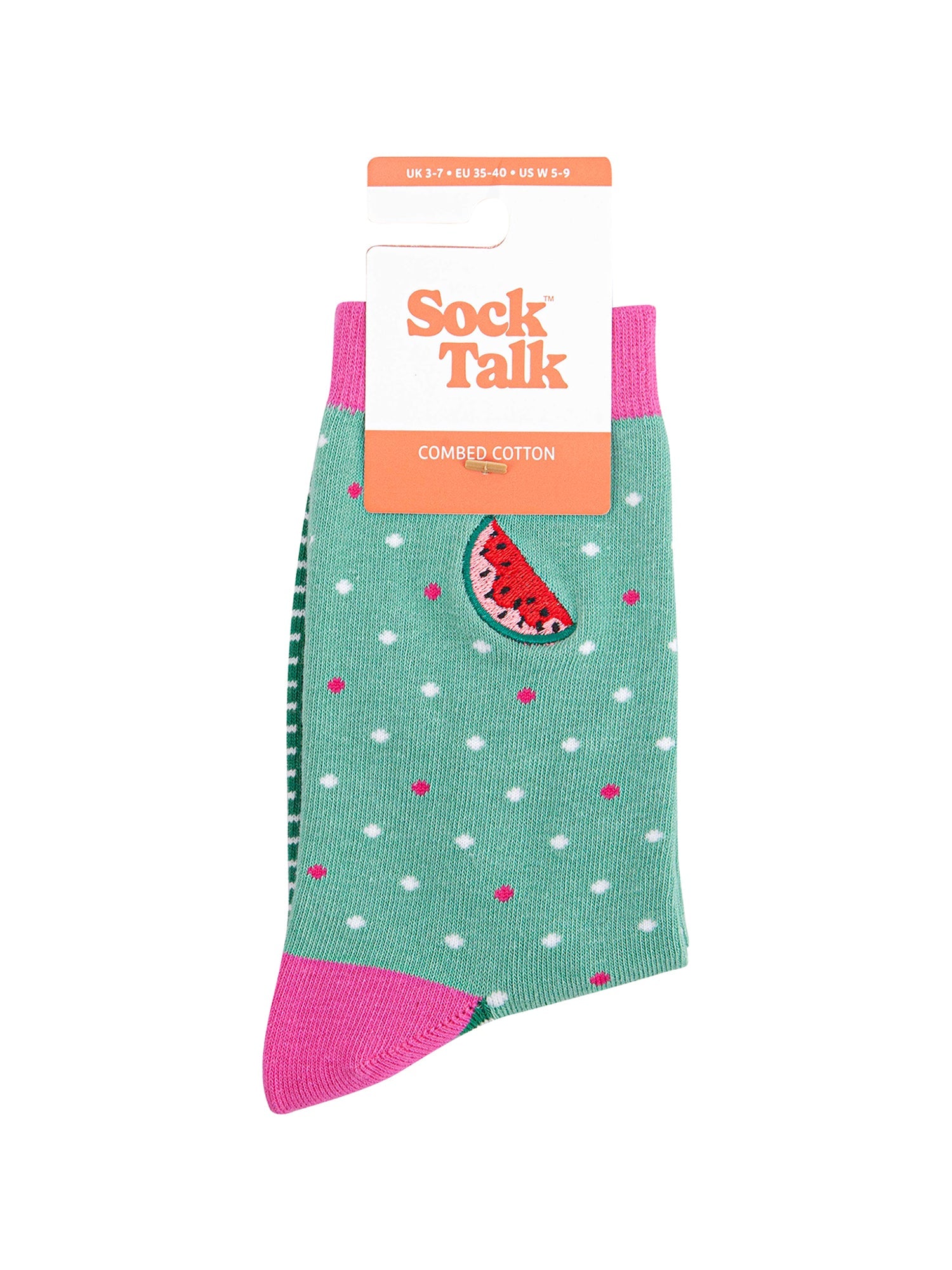 Embroidered-Watermelon-Combed-Cotton-Socks-in-Mint/Pink-Closeup-in-packaging