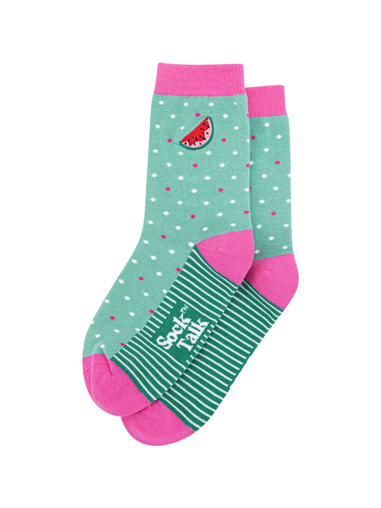 Embroidered-Watermelon-Combed-Cotton-Socks-in-Mint/Pink-Closeup-lying-flat