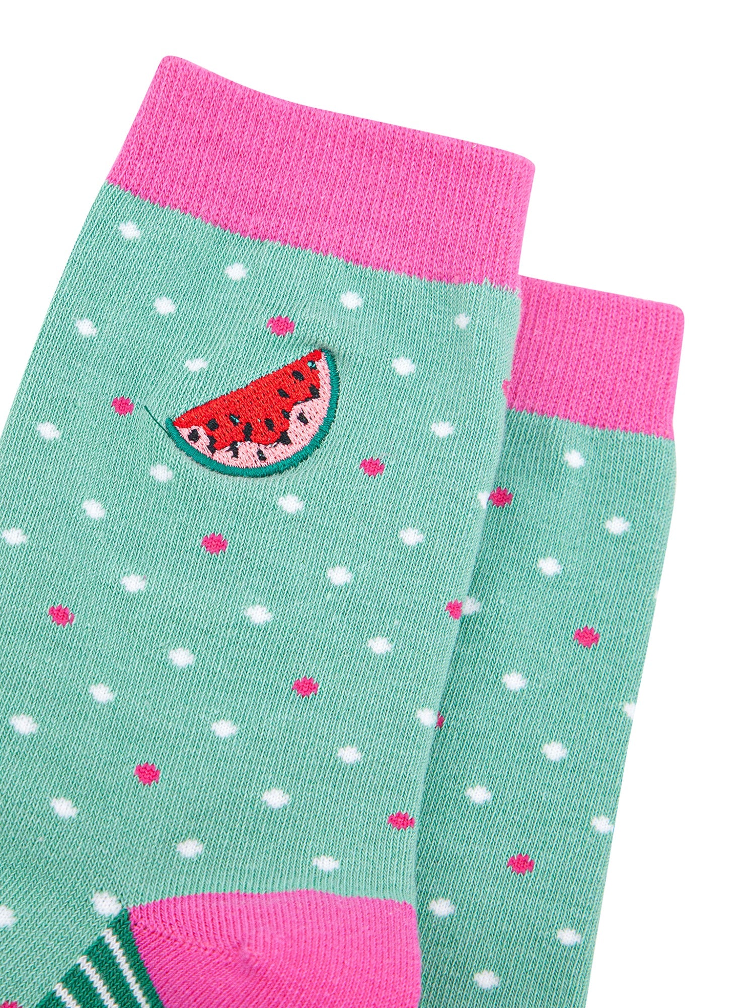 Embroidered-Watermelon-Combed-Cotton-Socks-in-Mint/Pink-Closeup