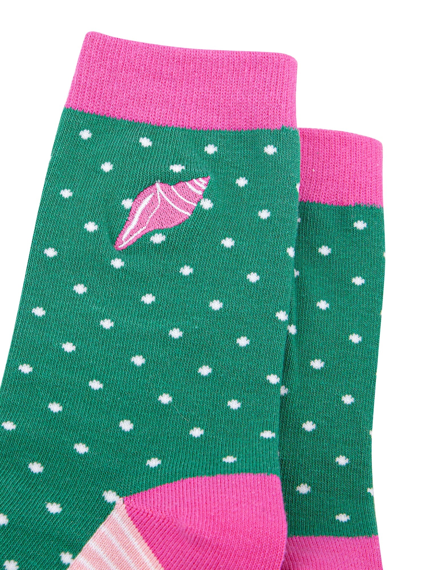 Embroidered-Conch-Shell-Combed-Cotton-Socks-in-Green-Pink-Closeup