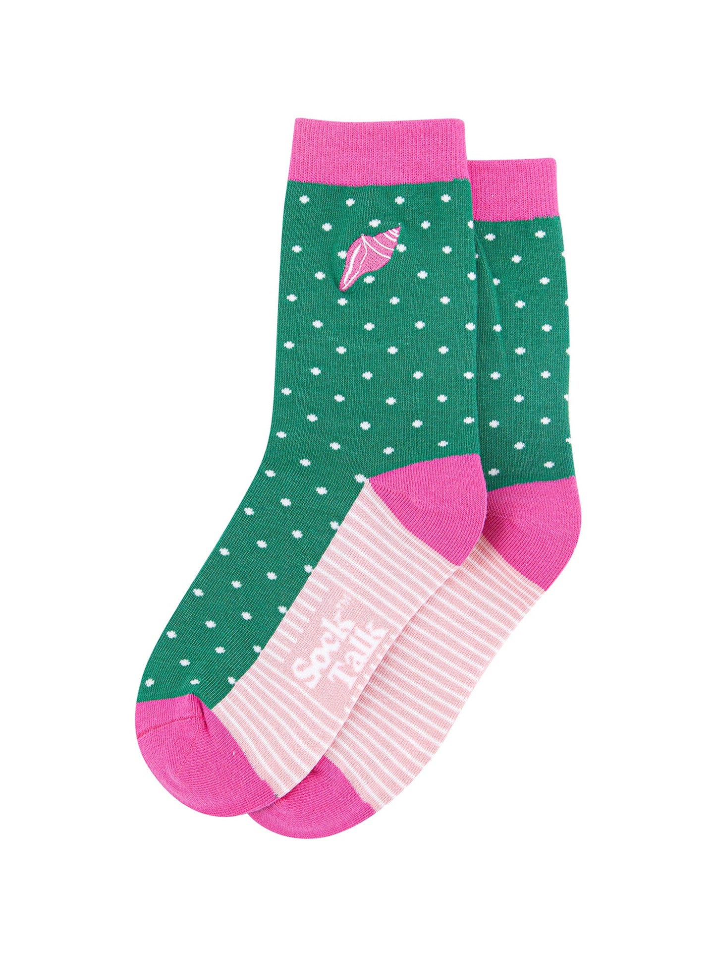 Embroidered-Conch-Shell-Combed-Cotton-Socks-in-Green-Pink-Lying-Flat