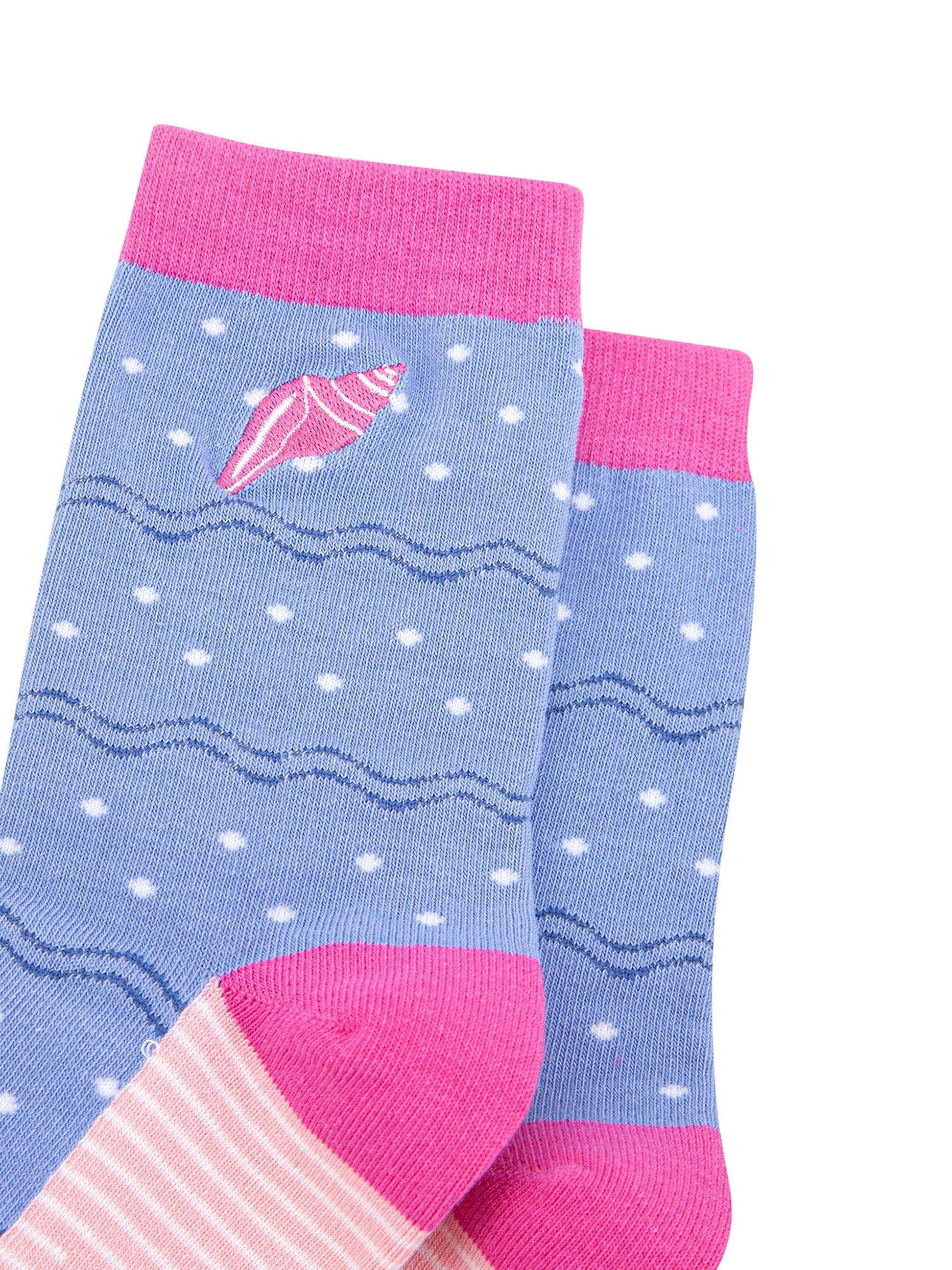 Embroidered-Conch-Shell-Combed-Cotton-Socks-in-Blue-Pink-Closeup