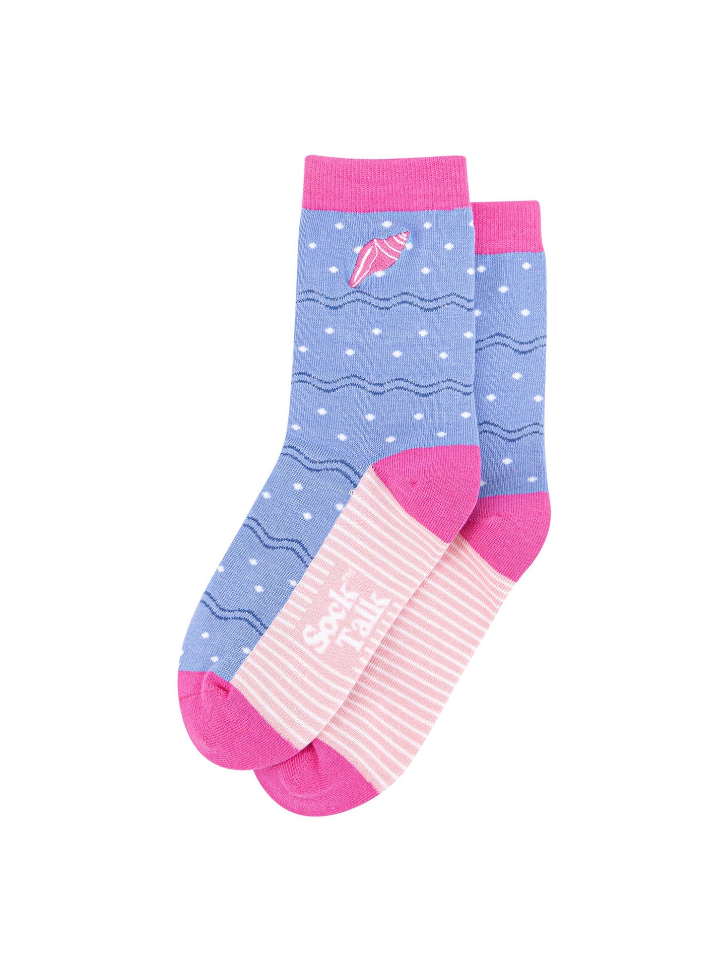 Embroidered-Conch-Shell-Combed-Cotton-Socks-in-Blue-Pink-Lying-Flat
