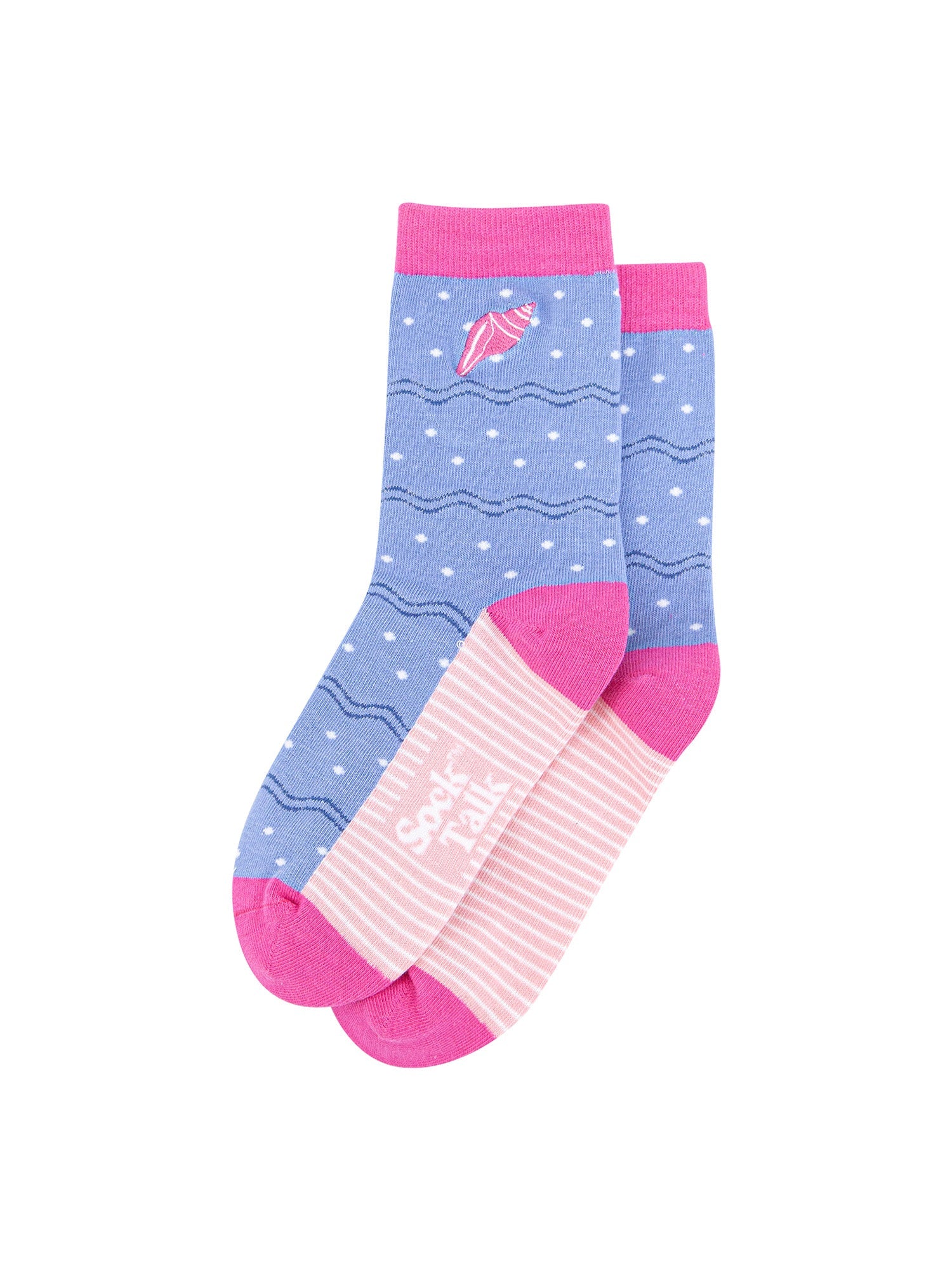 Embroidered-Conch-Shell-Combed-Cotton-Socks-in-Blue-Pink-Lying-Flat