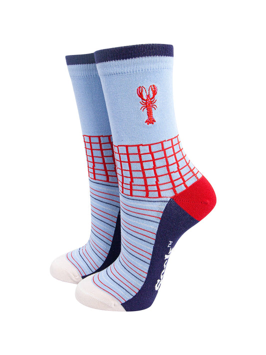 Embroidered-Lobster-Combed-Cotton-Socks-in-Blue/Red-mannequin