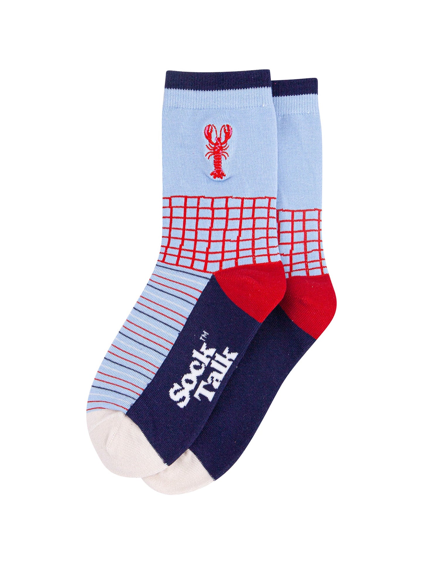Embroidered-Lobster-Combed-Cotton-Socks-in-Blue/Red-lying-flat