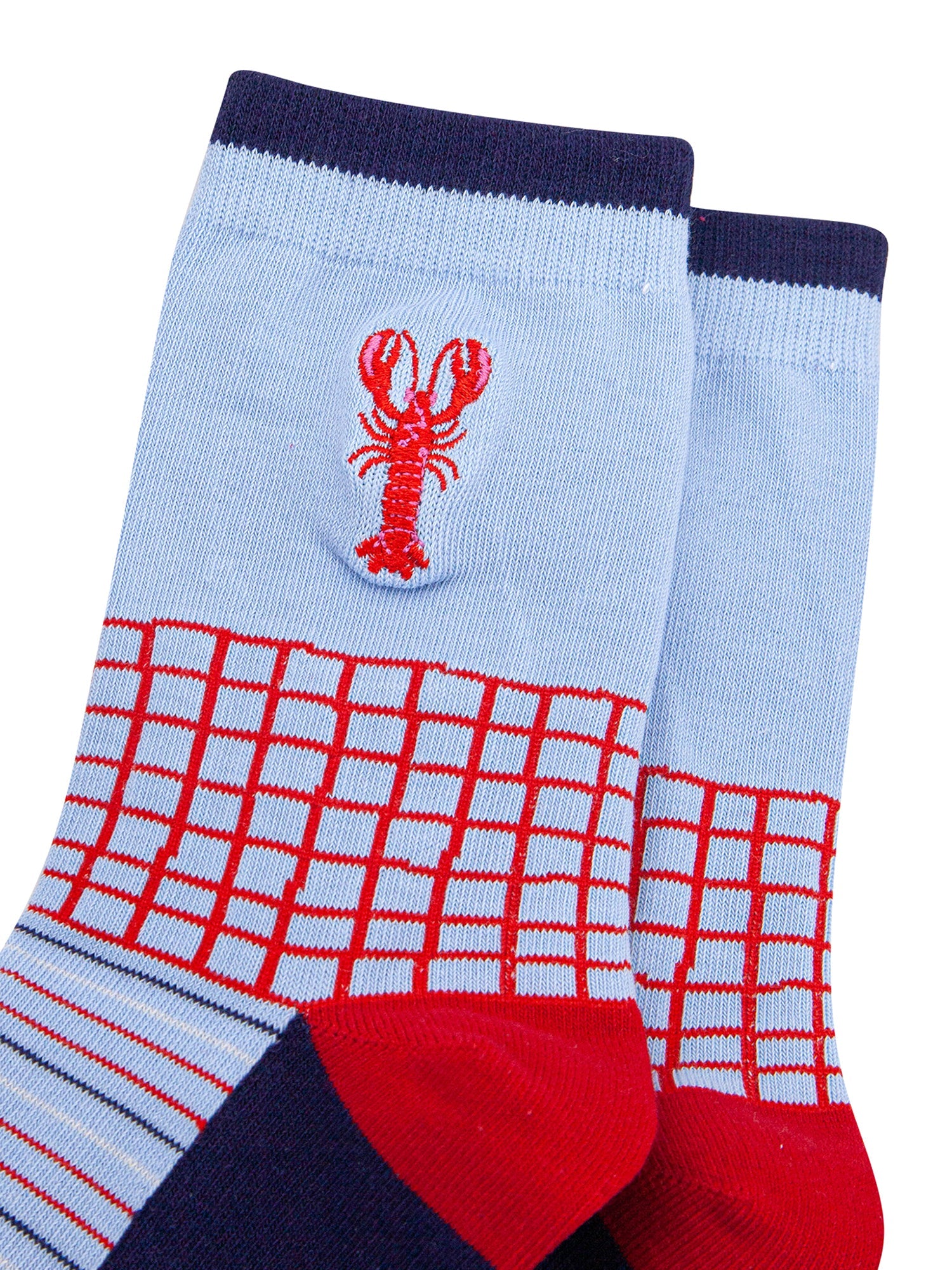 Embroidered-Lobster-Combed-Cotton-Socks-in-Blue/Red-closeup
