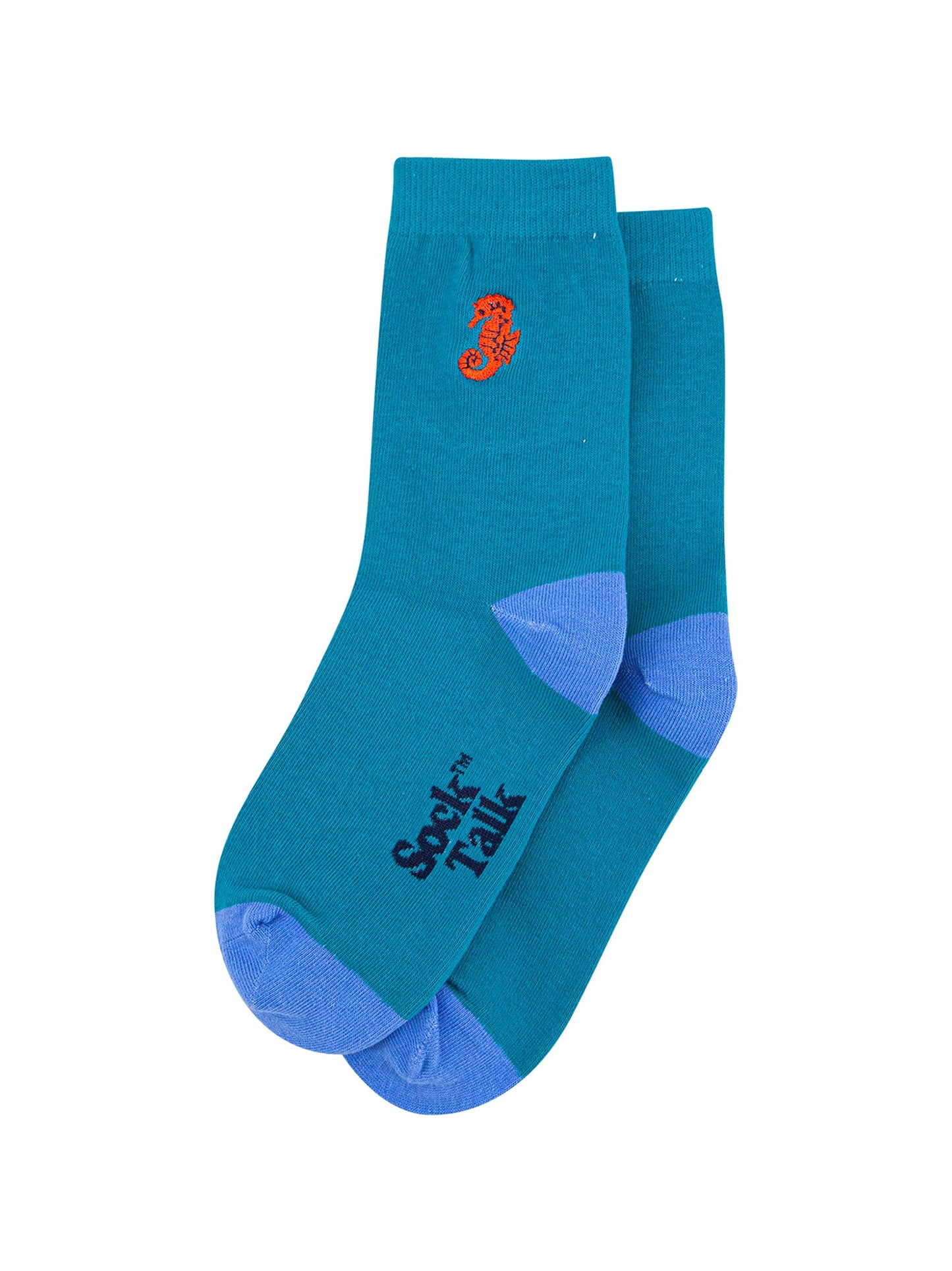 Embroidered-Seahorse-Combed-Cotton-Socks-in-Teal-Lying-Flat