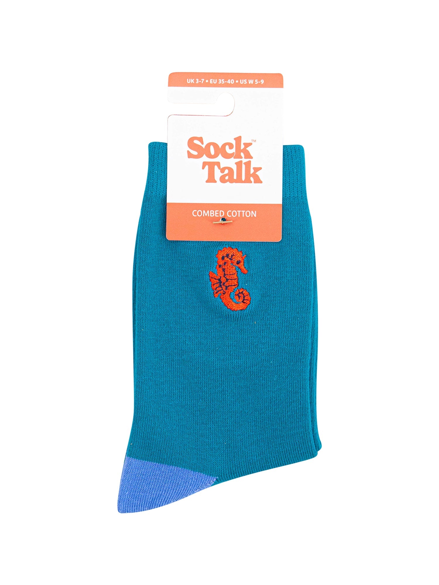 Embroidered-Seahorse-Combed-Cotton-Socks-in-Teal-In-Packaging